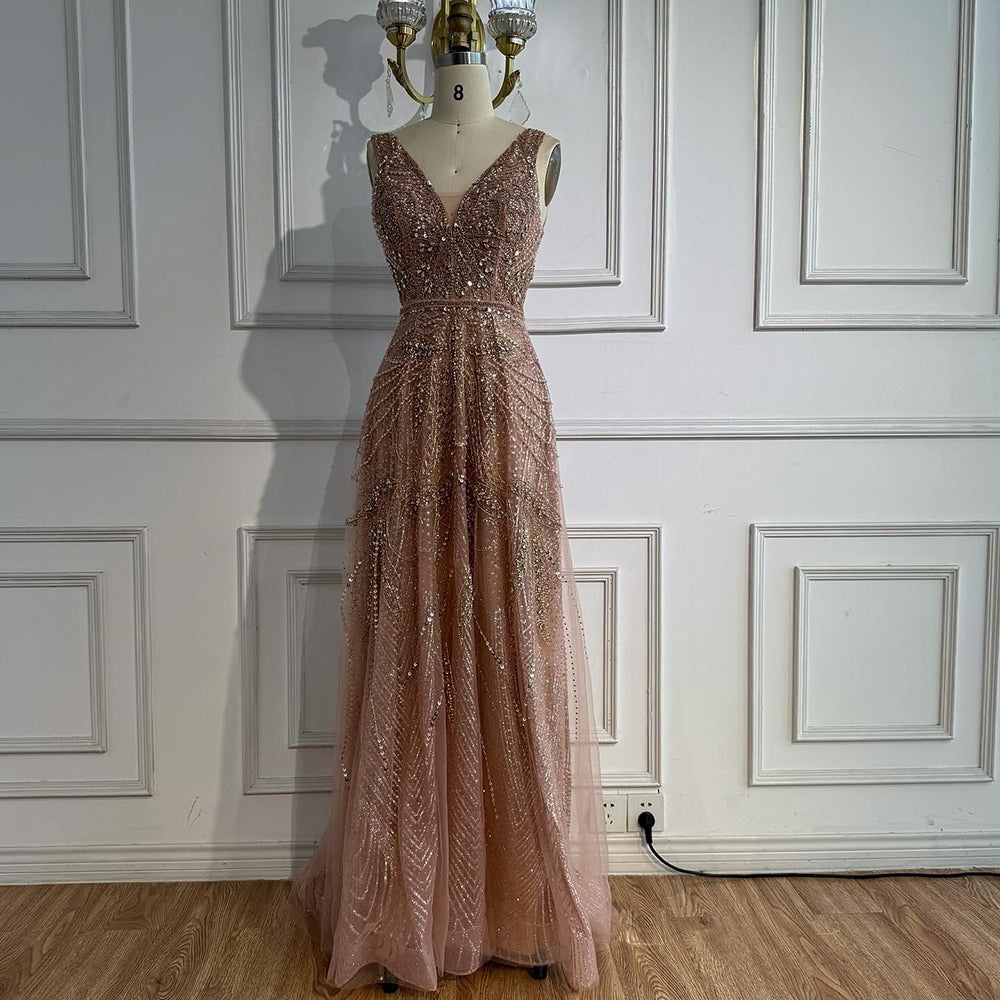 On Sale no return no refund Rose Gold A-Line V-Neck Luxury Sexy Evening Dresses 2025 Pearls Crystal Long Sleeves Fromal Gown Serene Hill LA70287