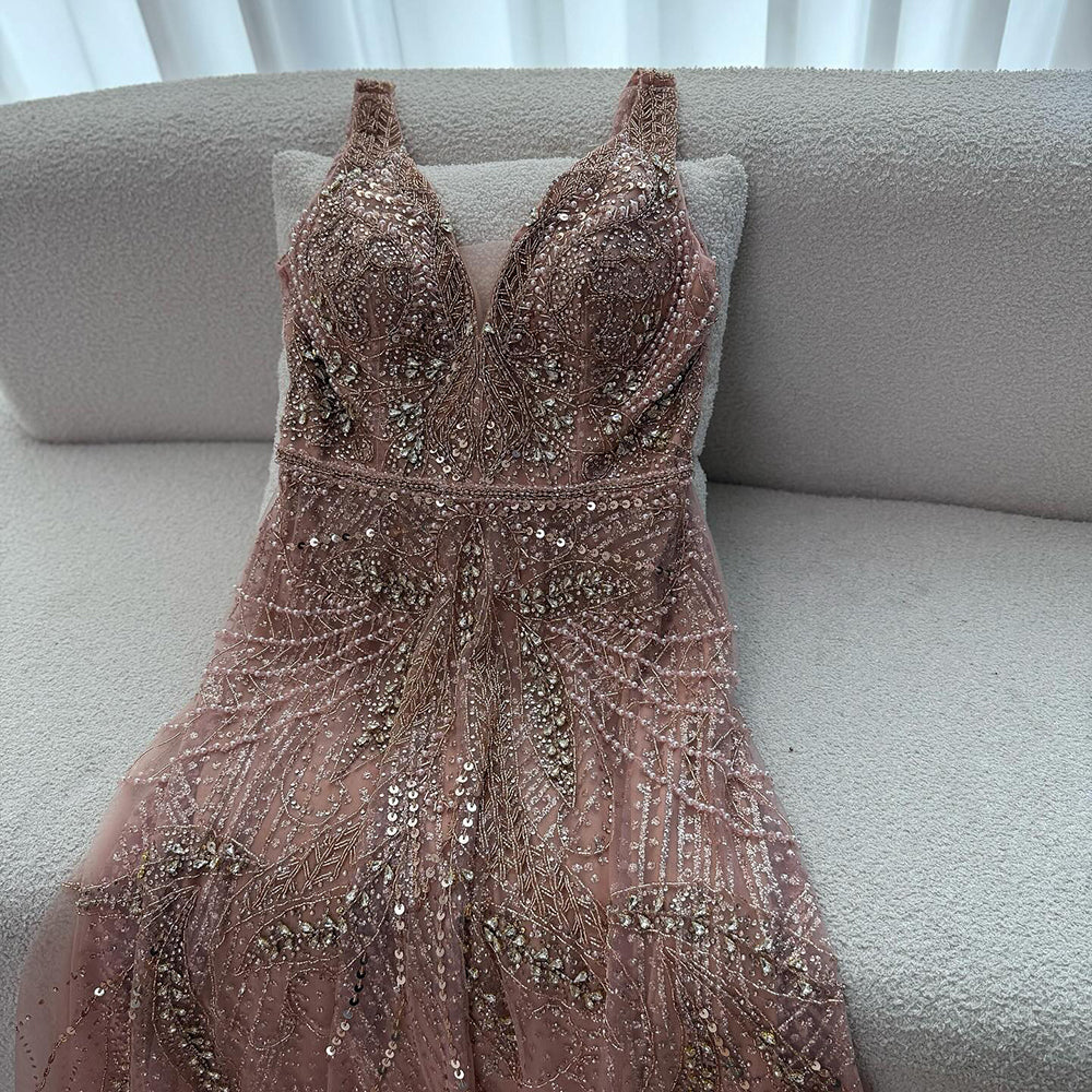 On Sale no return no refund Rose Gold A-Line V-Neck Luxury Sexy Evening Dresses 2025 Pearls Crystal Long Sleeves Fromal Gown Serene Hill LA70287