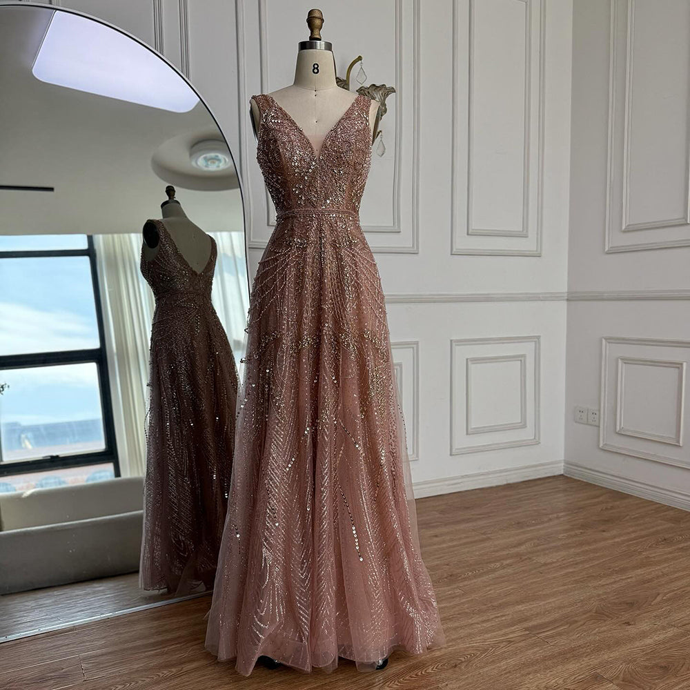 On Sale no return no refund Rose Gold A-Line V-Neck Luxury Sexy Evening Dresses 2025 Pearls Crystal Long Sleeves Fromal Gown Serene Hill LA70287