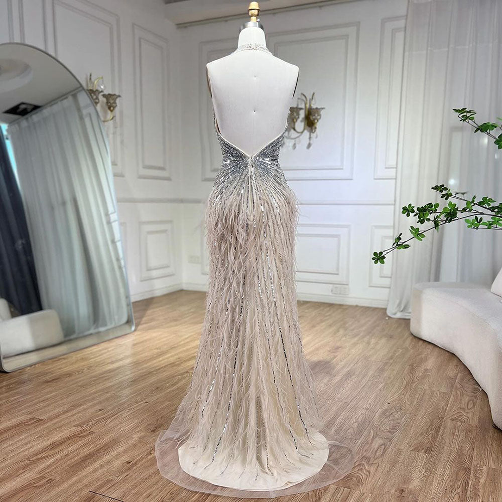 Luxury Beige Beaded Feather Mermaid Evening Dress with Slit LA70623B SERENE HILL