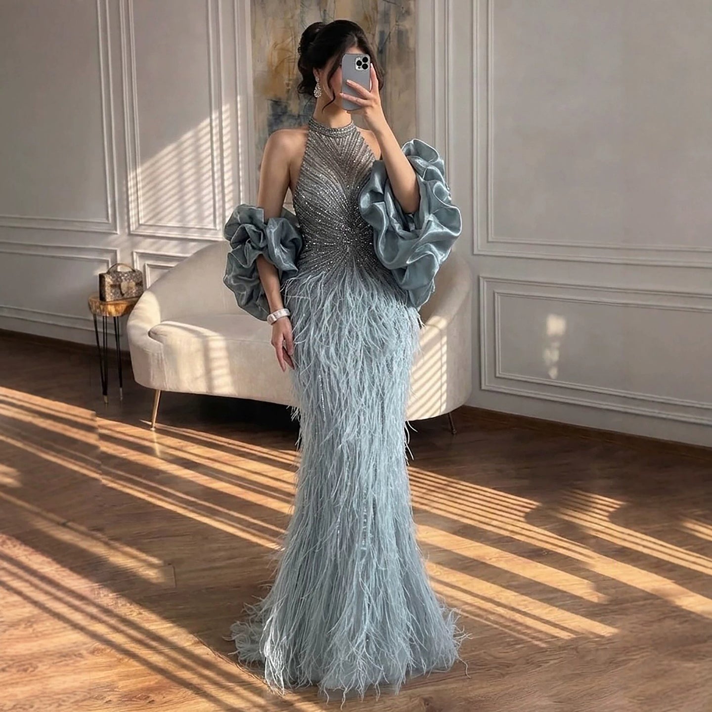 halter feather dress Luxury Turquoise Beaded Mermaid LA70623C Turquoise / 14 swatches-mariani-backless-maxi-dress our party WOMEN'S LONG SLEEVE BUTTON Style:Long ver