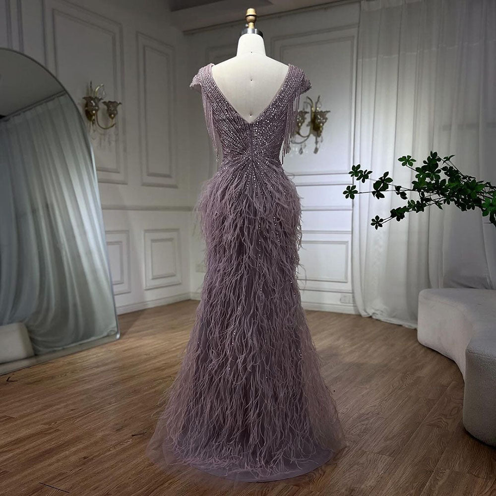 Luxury Brown Mermaid Elegant Beaded Evening Dress Gown with Feathers LA70801