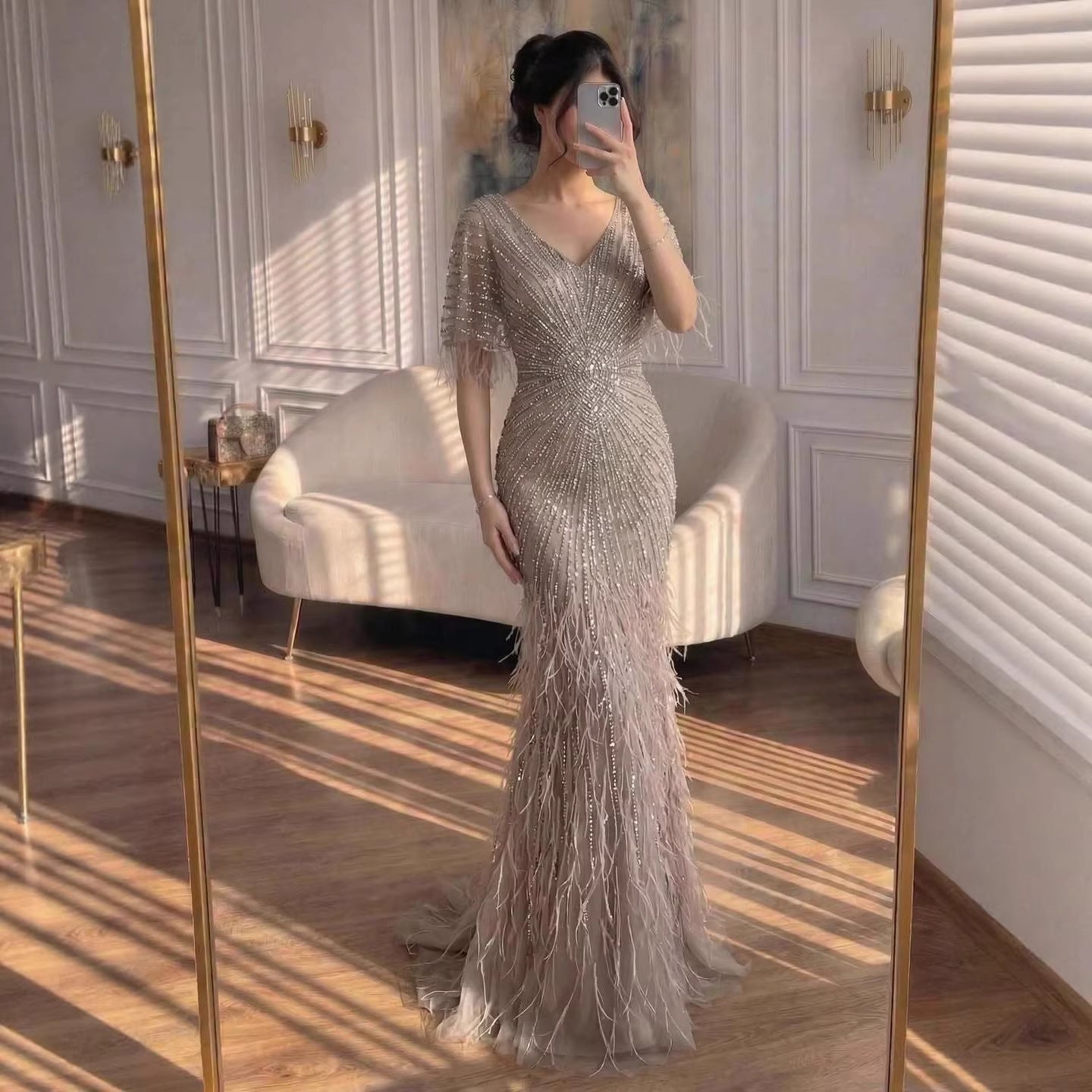 Dubai Feathers Brown Mermaid Evening Dresses LA71323 - SERENE HILL