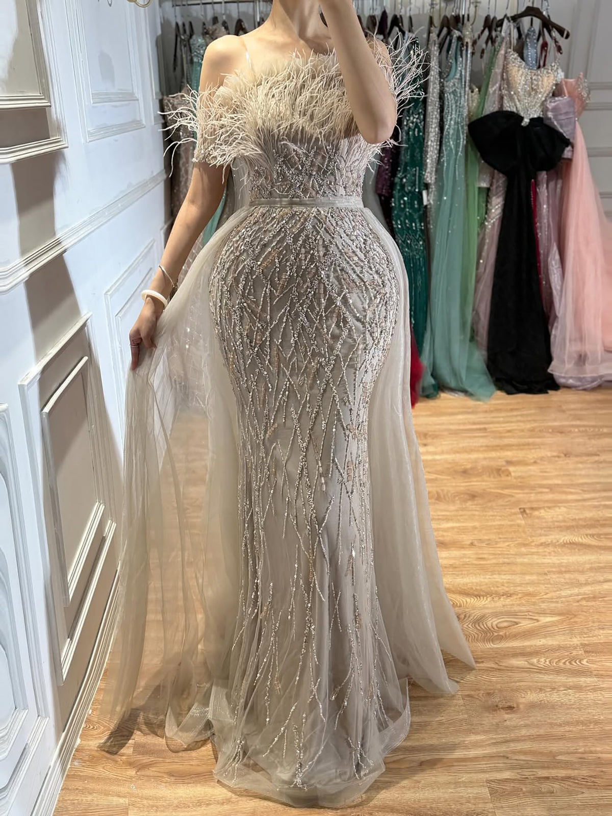 Dubai Luxury Beaded Blue Mermaid Evening Dress Gown with Overskirt LA71634 SERENE HILL