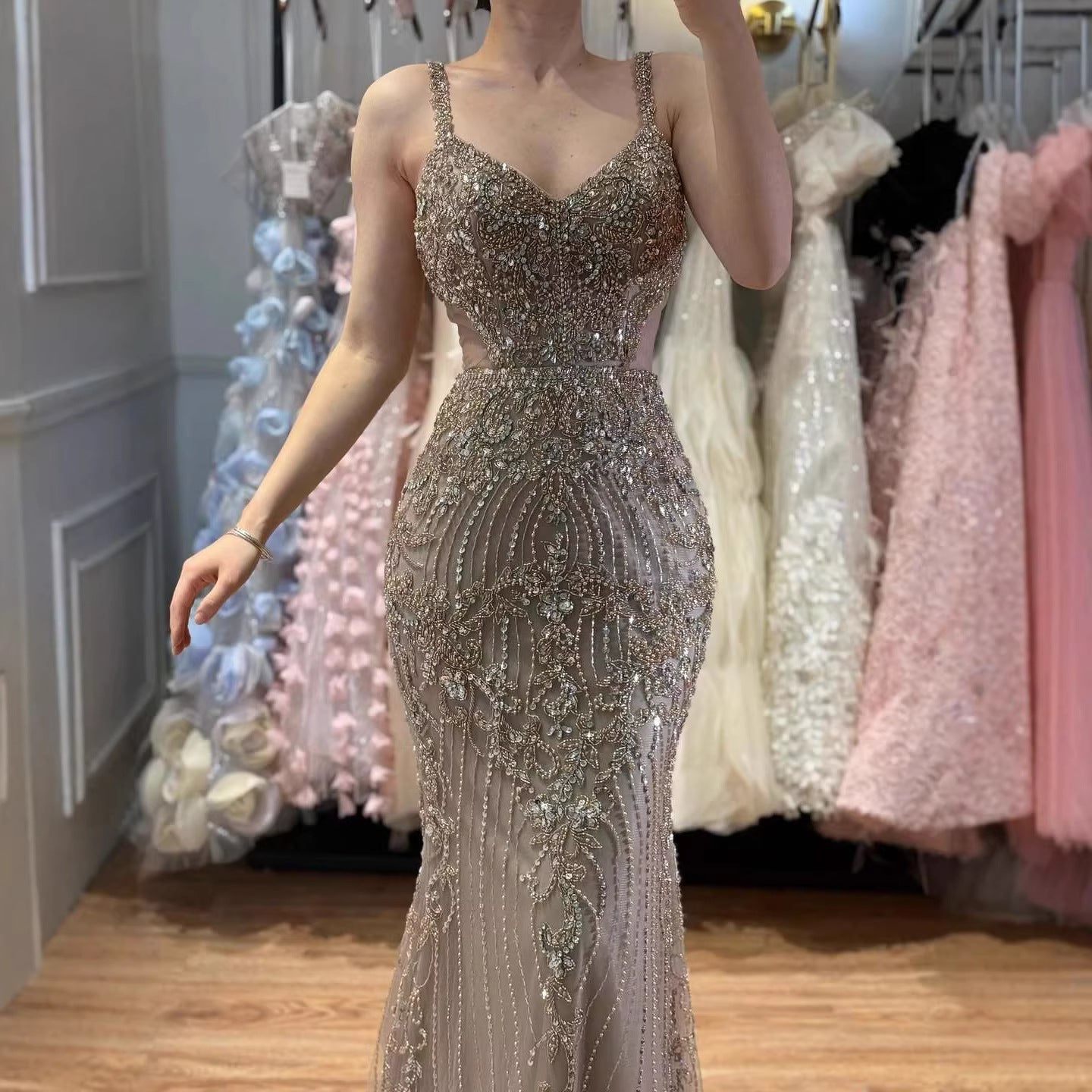 Luxury Arabic Grey Mermaid Spaghetti Strap Beaded Evening Dress LA71652 - SERENE HILL