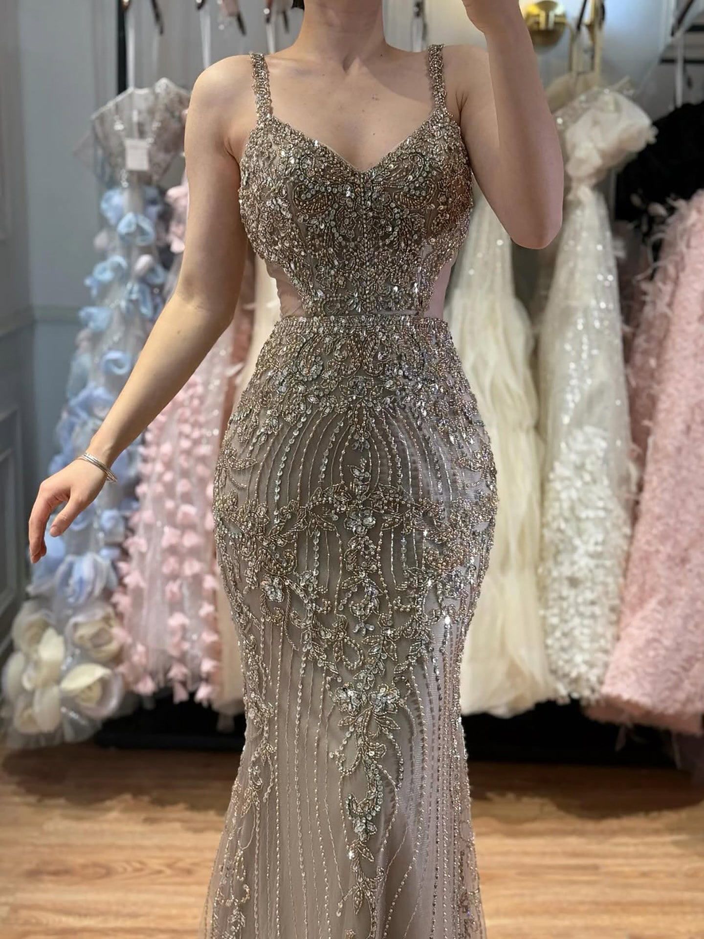 Luxury Arabic Grey Mermaid Spaghetti Strap Beaded Evening Dress LA71652 - SERENE HILL