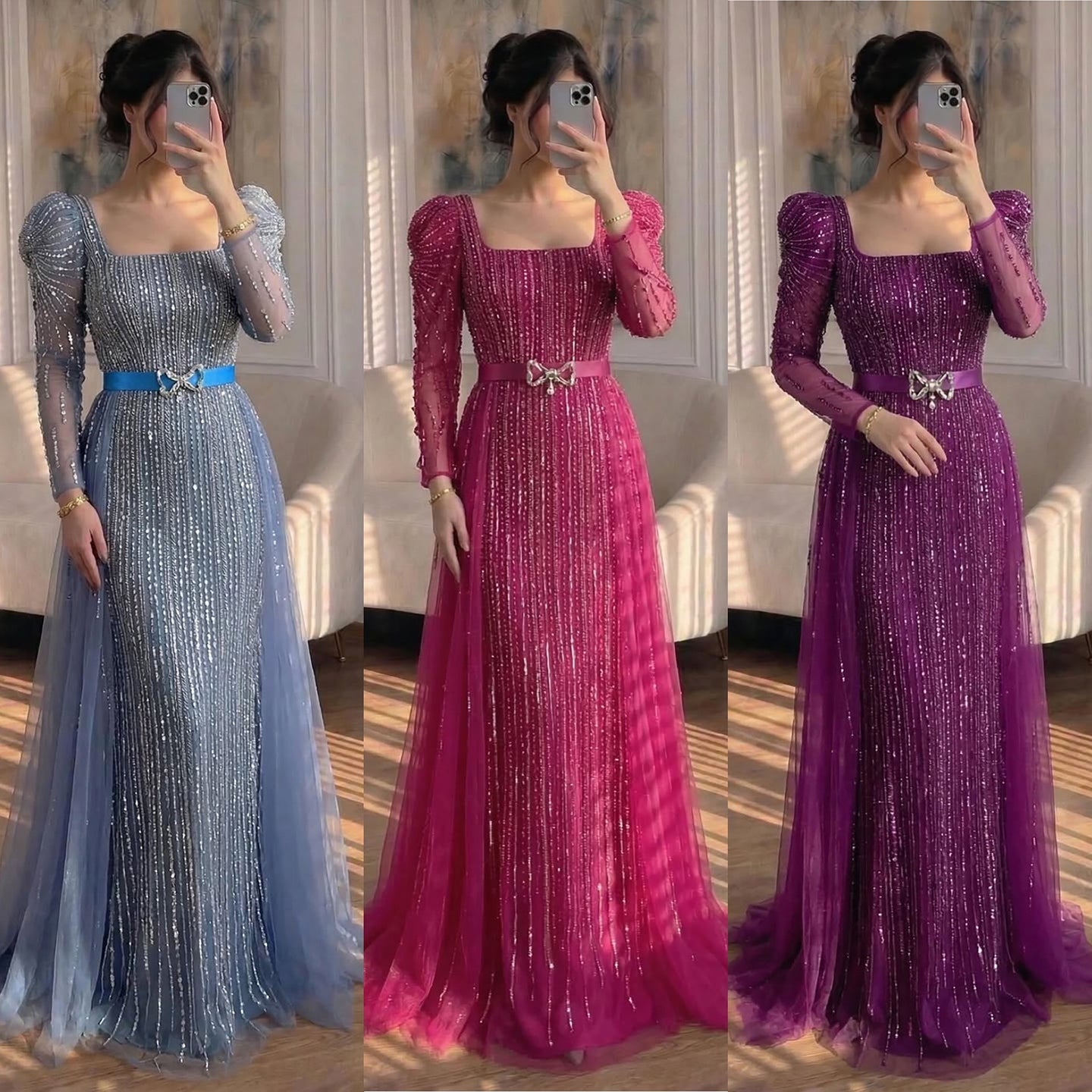 Luxury Fuchsia Long Sleeve Evening Dress with Overskirt LA71678 - SERENE HILL