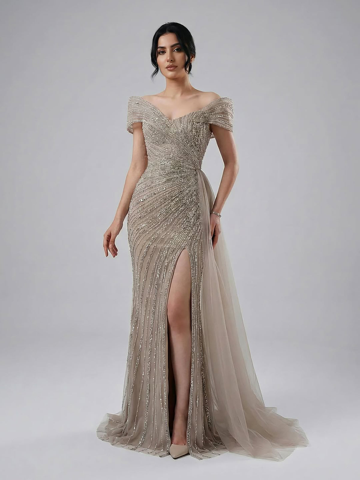Luxury Nude Mermaid Elegant Beaded Sparkle Evening Dress With Skirt LA71686A