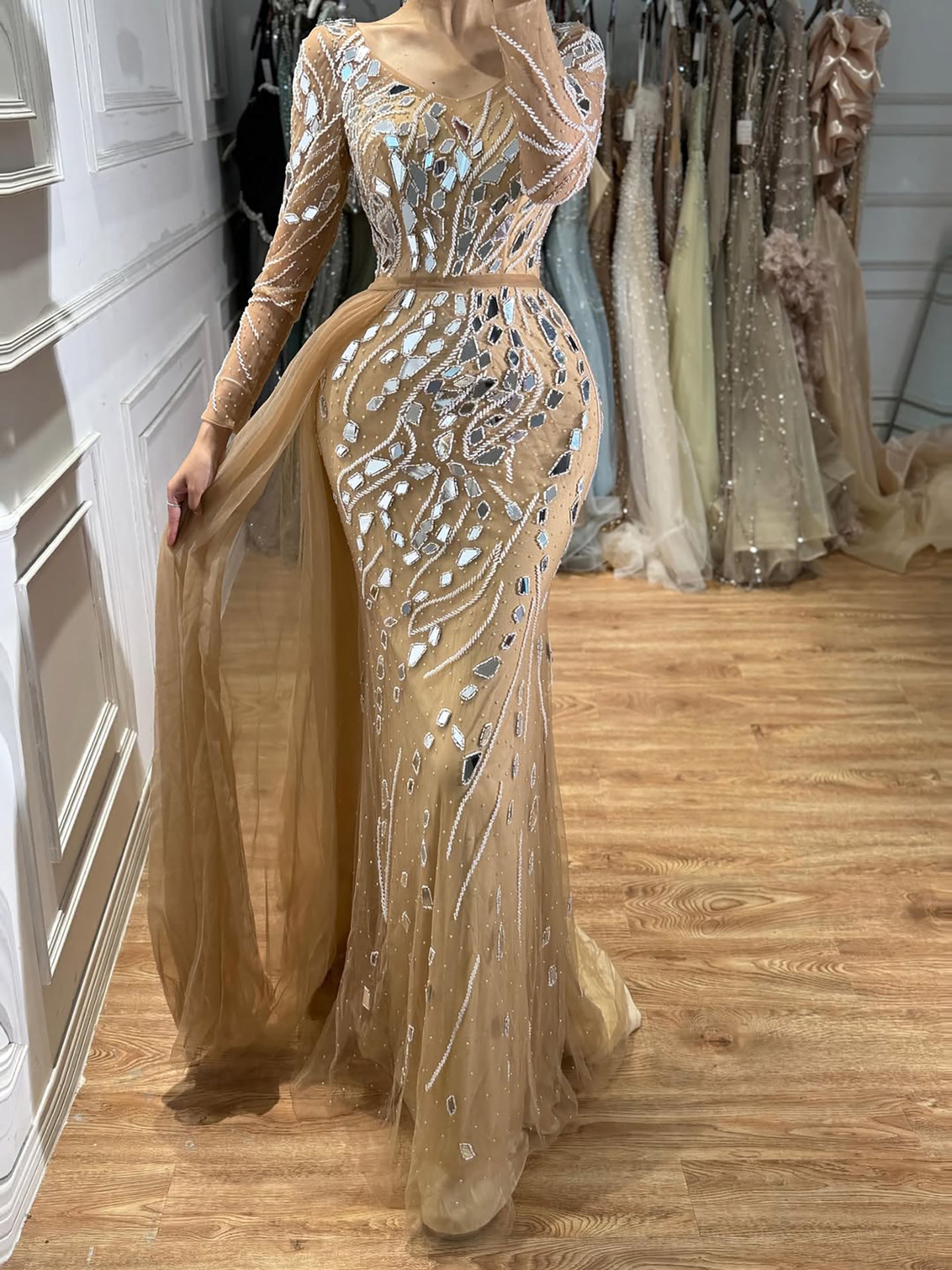 Luxury Nude Beaded Mermaid Evening Dress with Overskirt LA71757 SERENE HILL