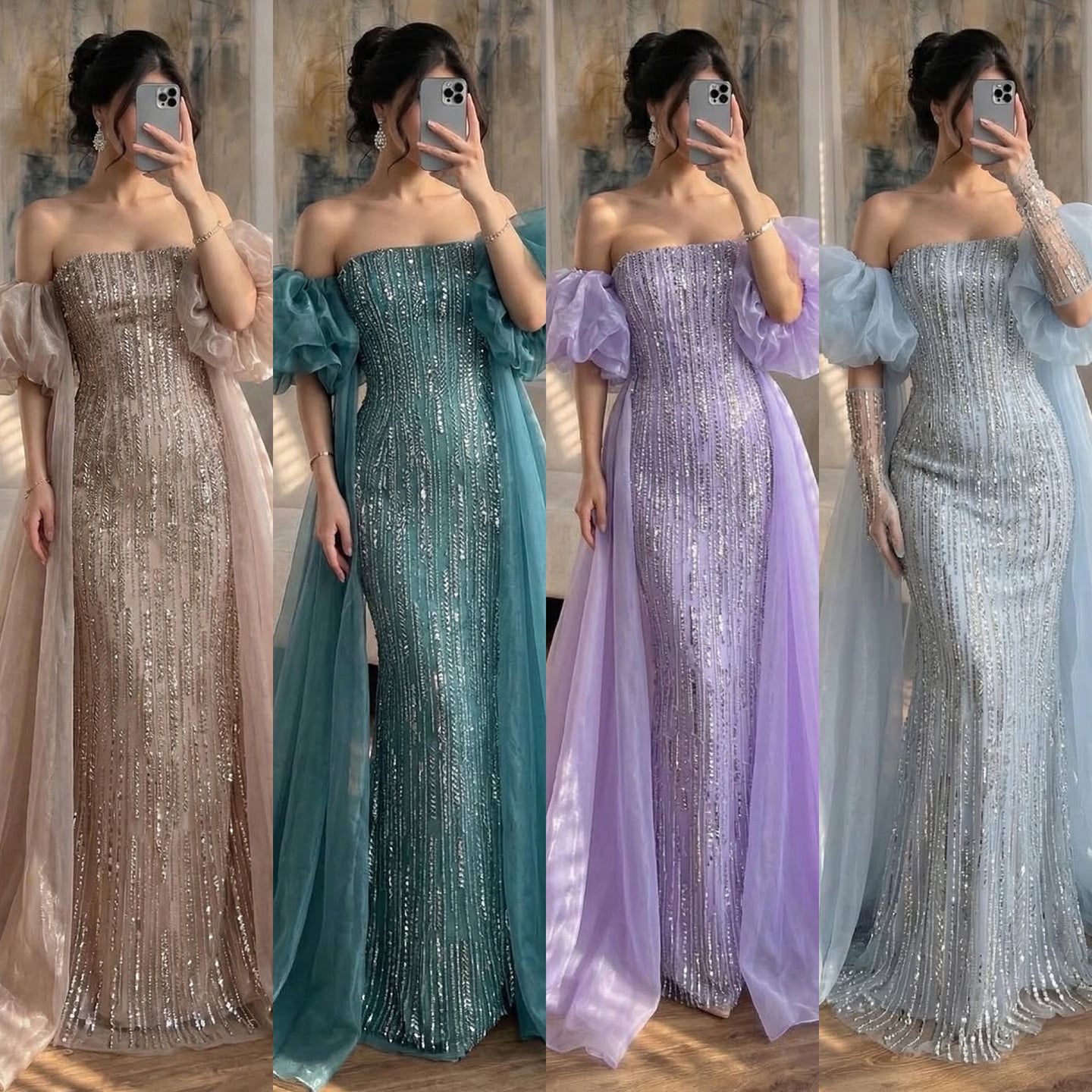 Luxury Dubai Arabic Blue Mermaid Balloon Sleeves Beaded Evening Dresses LA71823 - SERENE HILL
