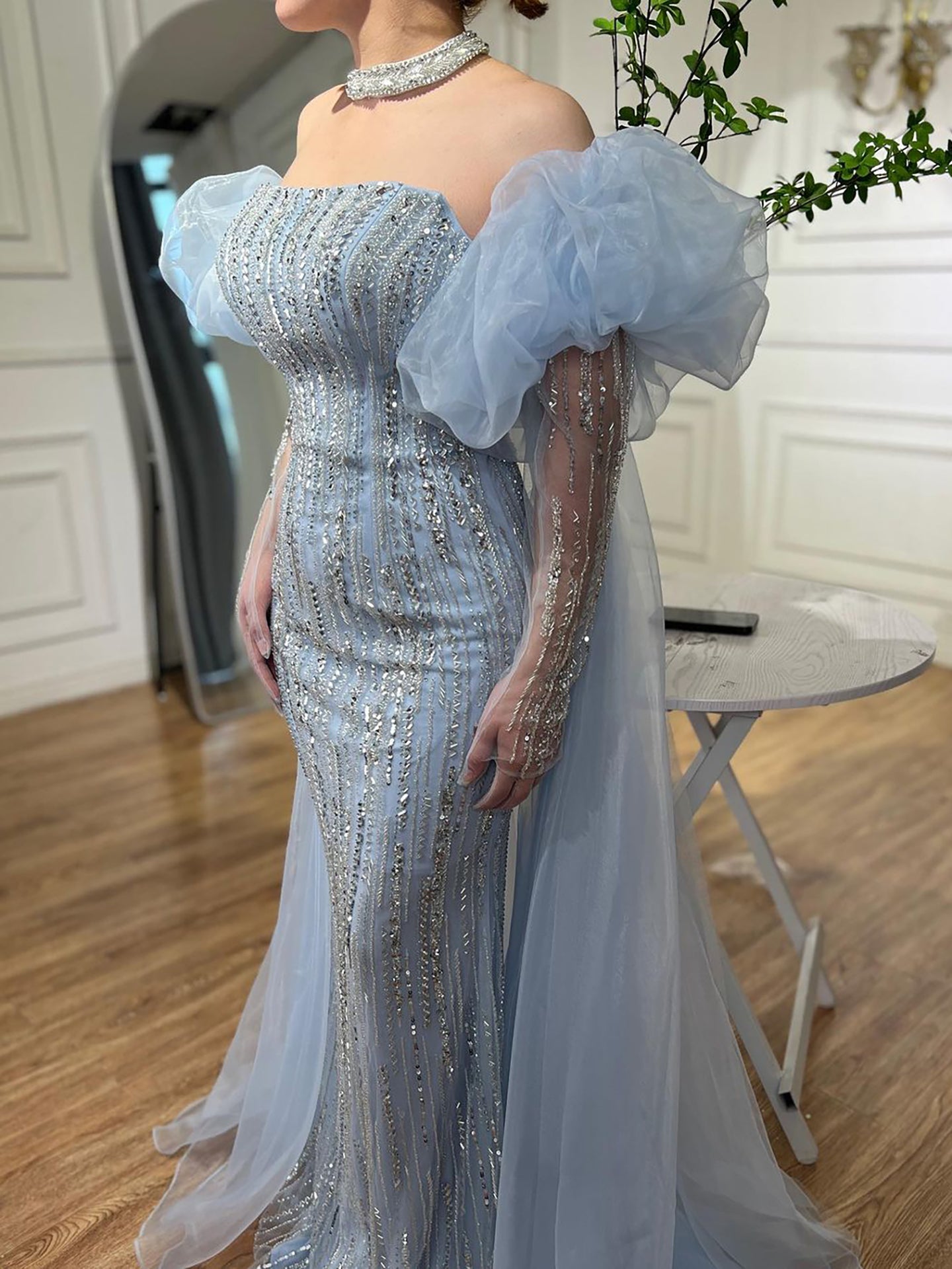 Luxury Dubai Arabic Blue Mermaid Balloon Sleeves Beaded Evening Dresses LA71823 - SERENE HILL