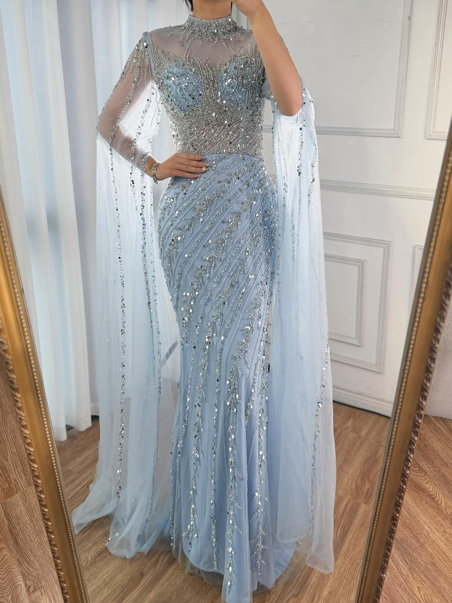 Luxury Nude Mermaid Evening Dress with Cape Sleeves LA71885A - SERENE HILL