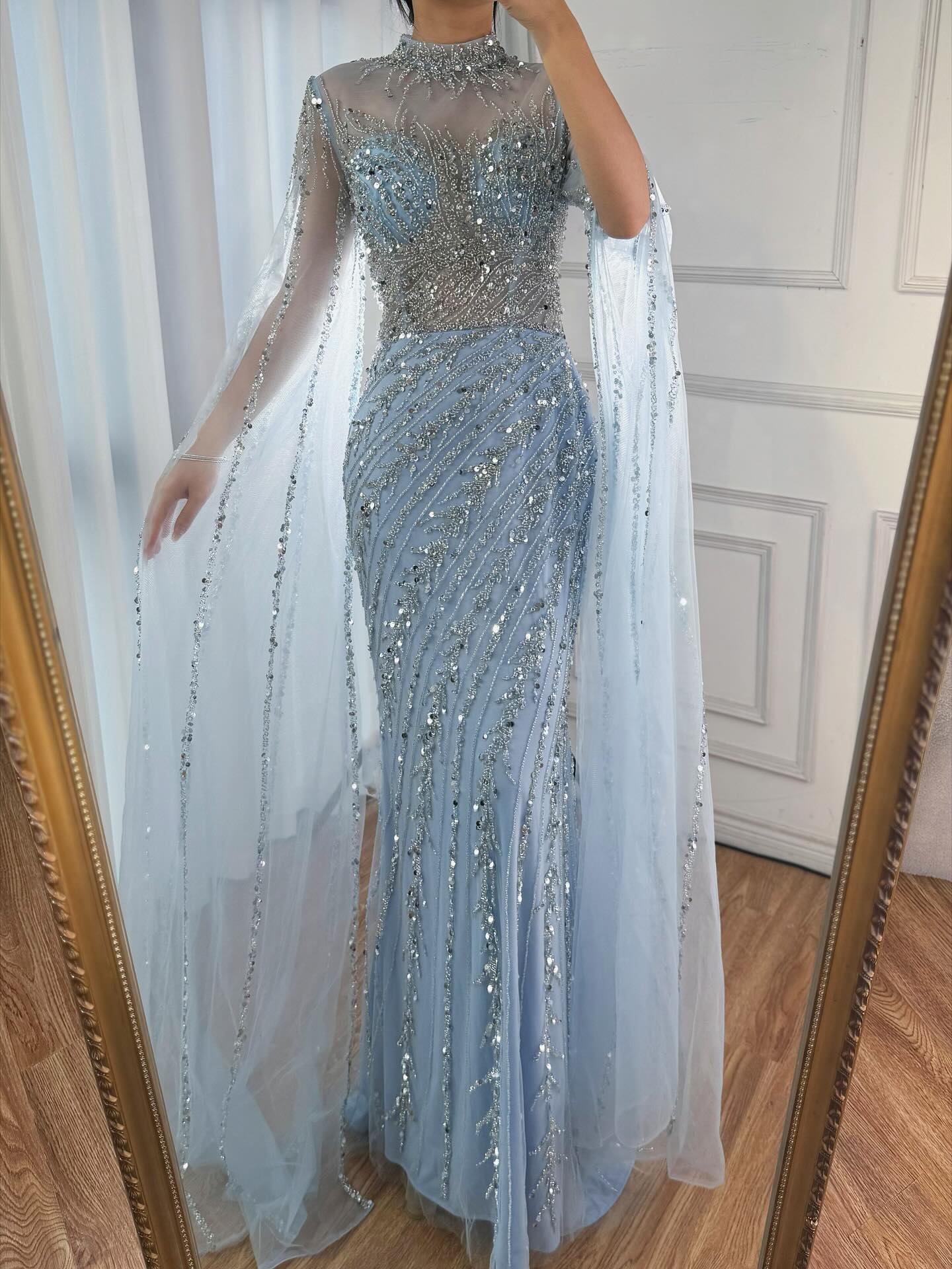 Luxury Nude Mermaid Evening Dress with Cape Sleeves LA71885A - SERENE HILL