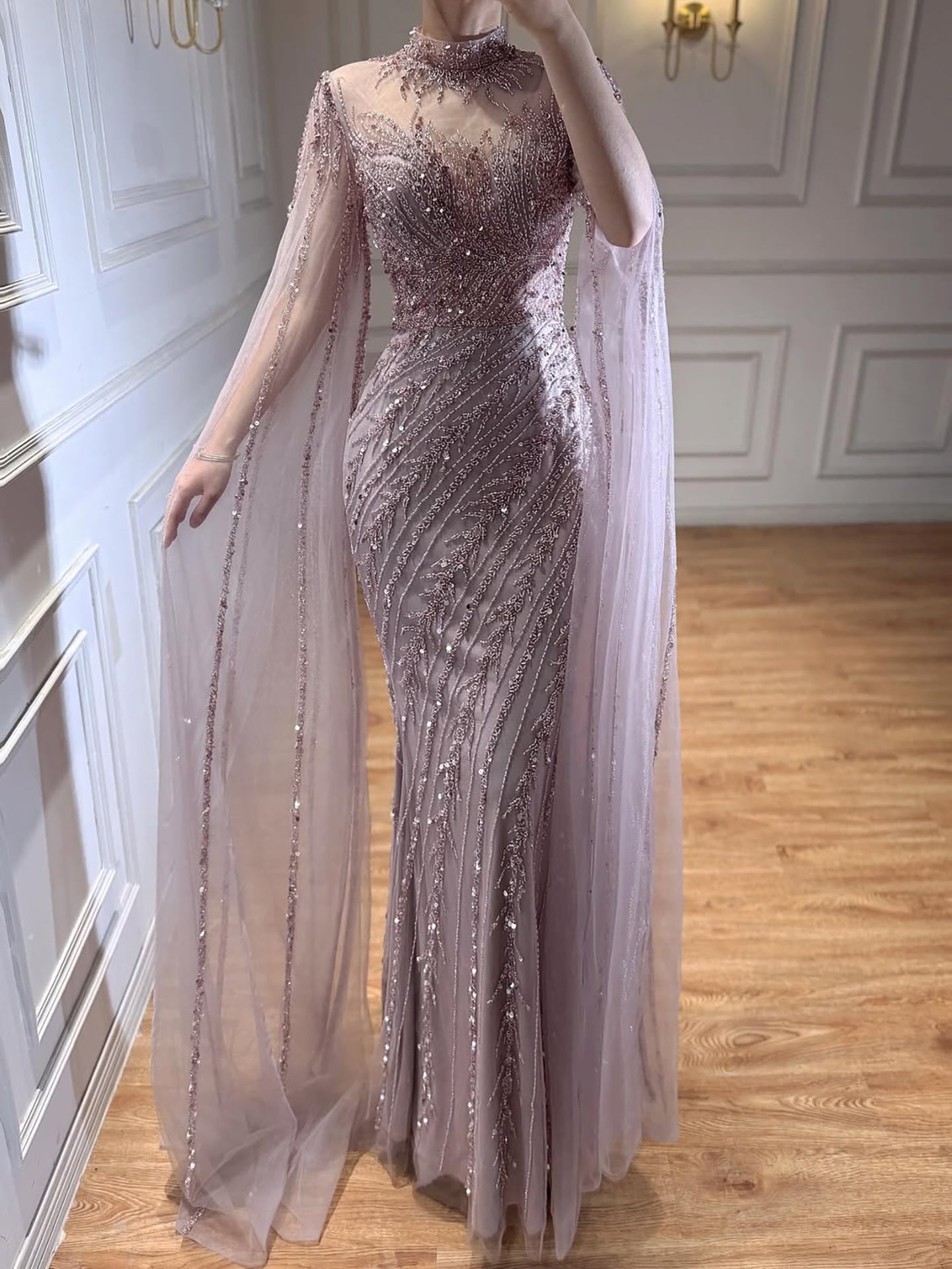 Luxury Nude Mermaid Evening Dress with Cape Sleeves LA71885A - SERENE HILL