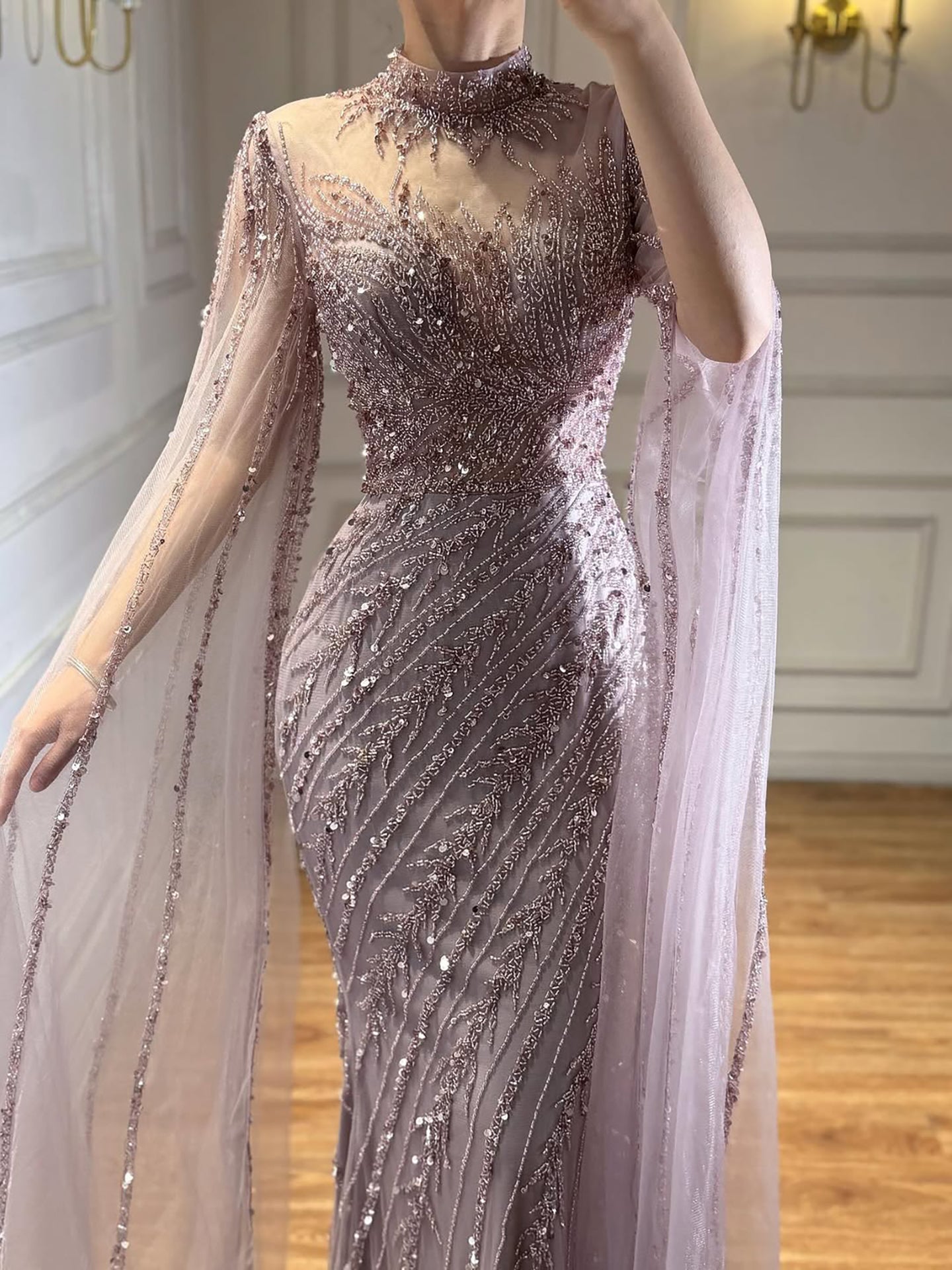 Luxury Nude Mermaid Evening Dress with Cape Sleeves LA71885A - SERENE HILL
