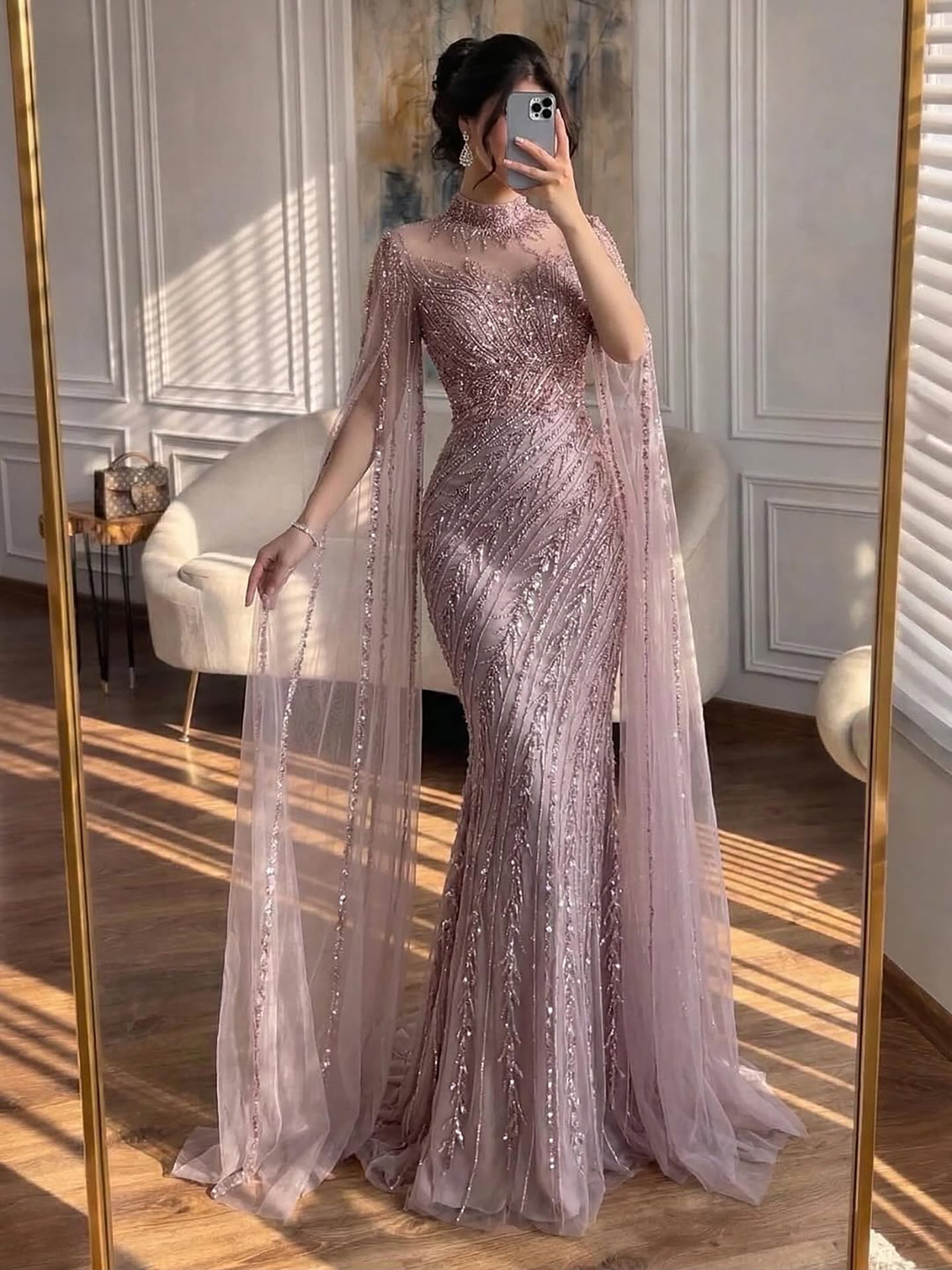 Luxury Nude Mermaid Evening Dress with Cape Sleeves LA71885A - SERENE HILL