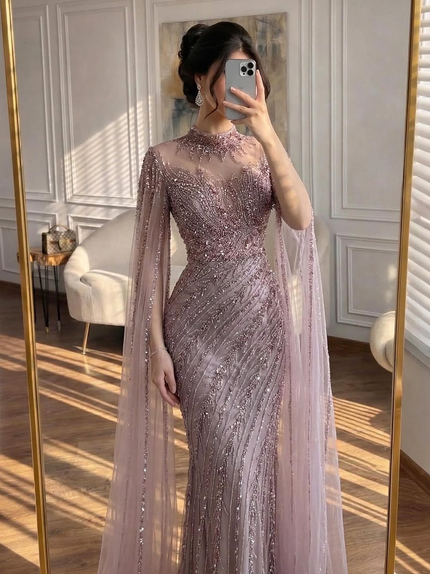 Luxury Nude Mermaid Evening Dress with Cape Sleeves LA71885A - SERENE HILL