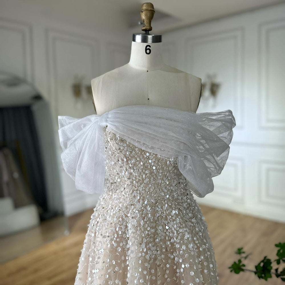 Luxury Dubai Arabic Blue Off Shoulder Beaded A Line Evening Dress LA72009A - SERENE HILL