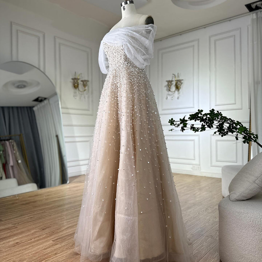 Luxury Dubai Arabic Blue Off Shoulder Beaded A Line Evening Dress LA72009A - SERENE HILL