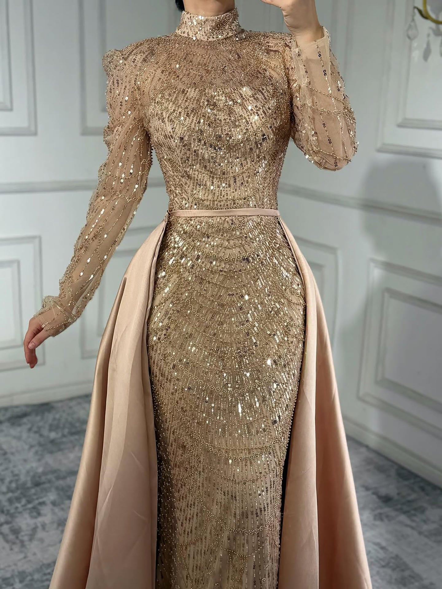 Luxury Dubai White Muslim Mermaid Evening Dress Overskirt LA72032L