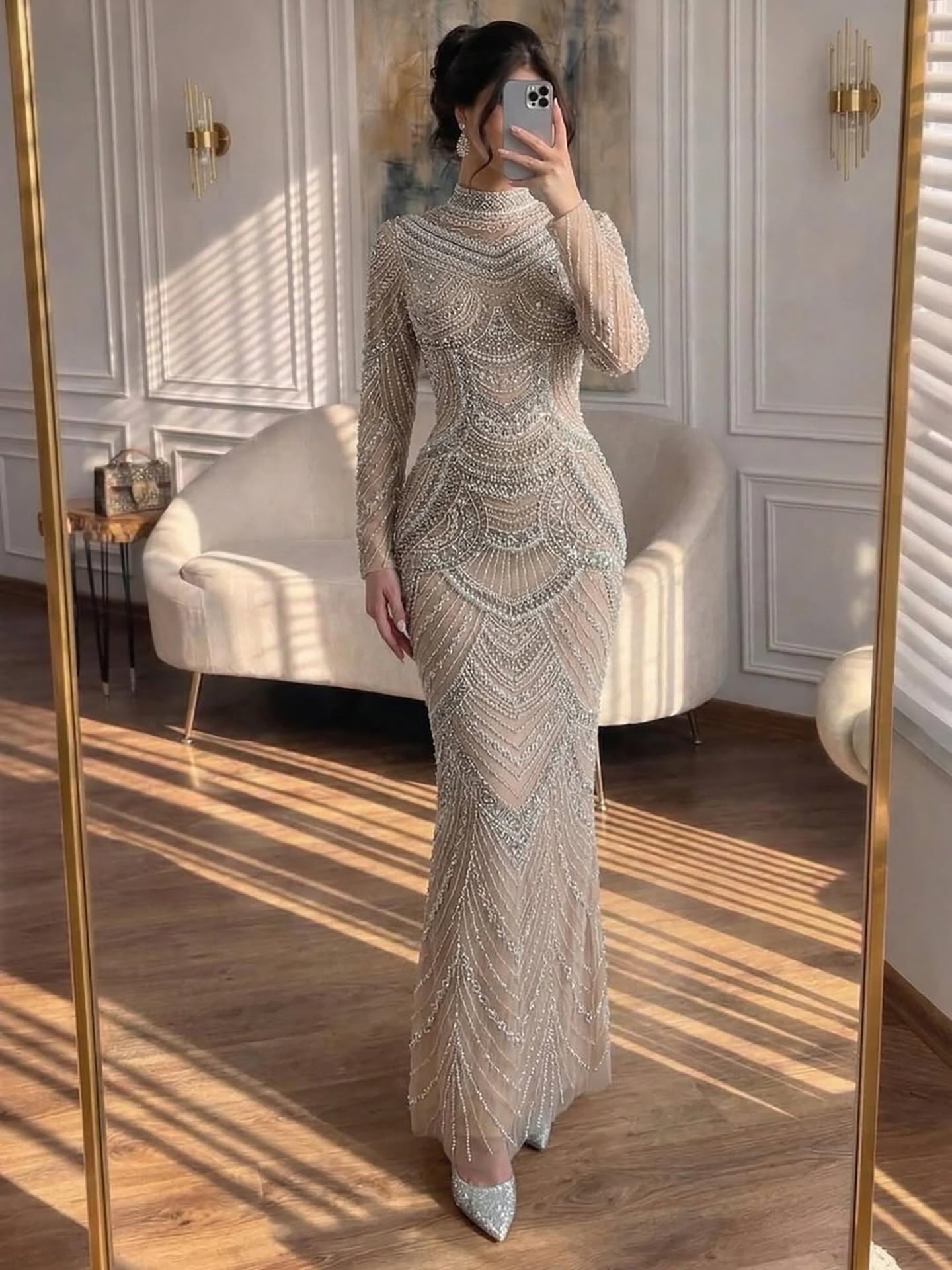 Muslim Nude Elegant Mermaid High Split Beaded Luxury Evening Dress Gown LA72091L