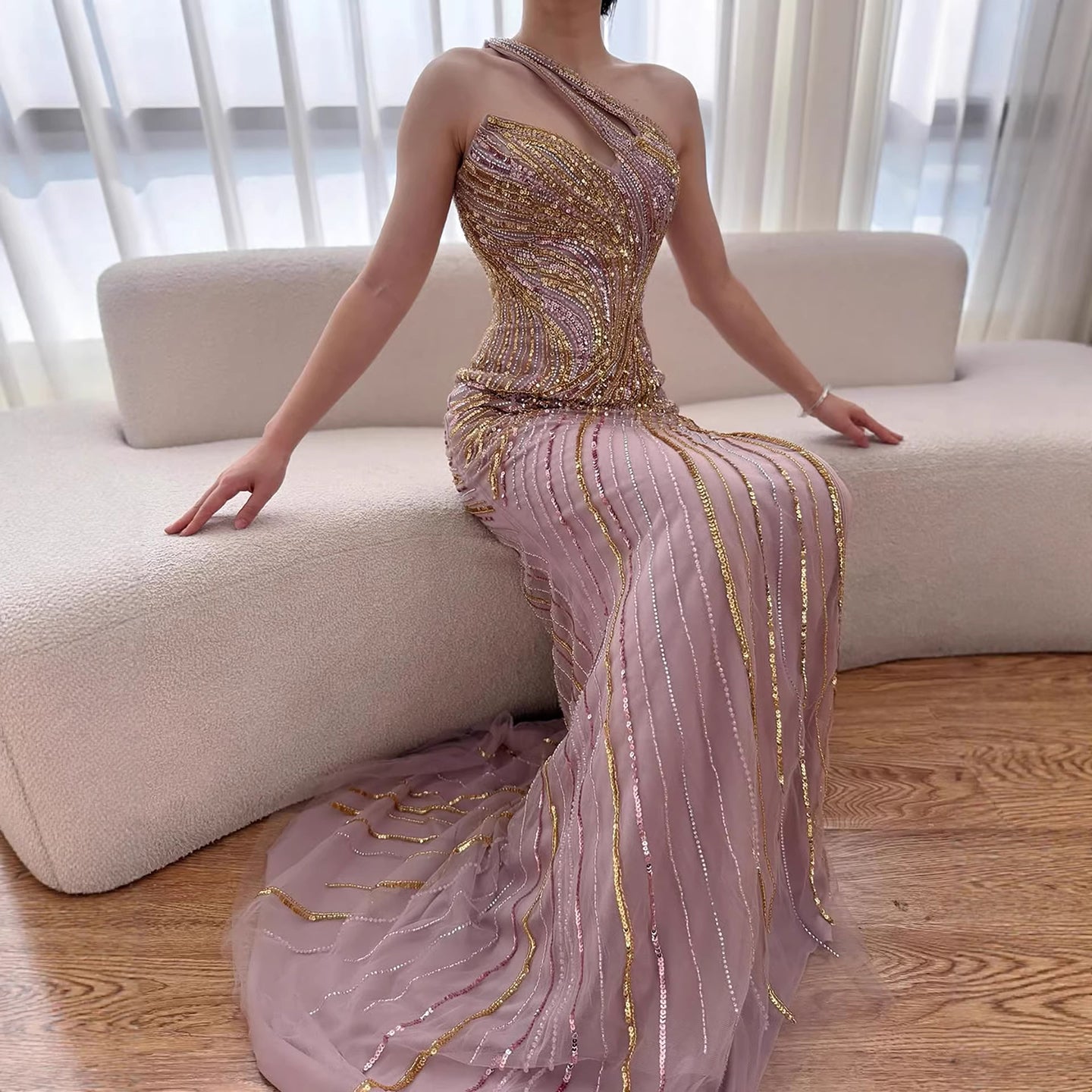 Serene Hill Dubai Luxury Pink Gold Beaded Sexy Evening Dress With Split LA72104A - SERENE HILL