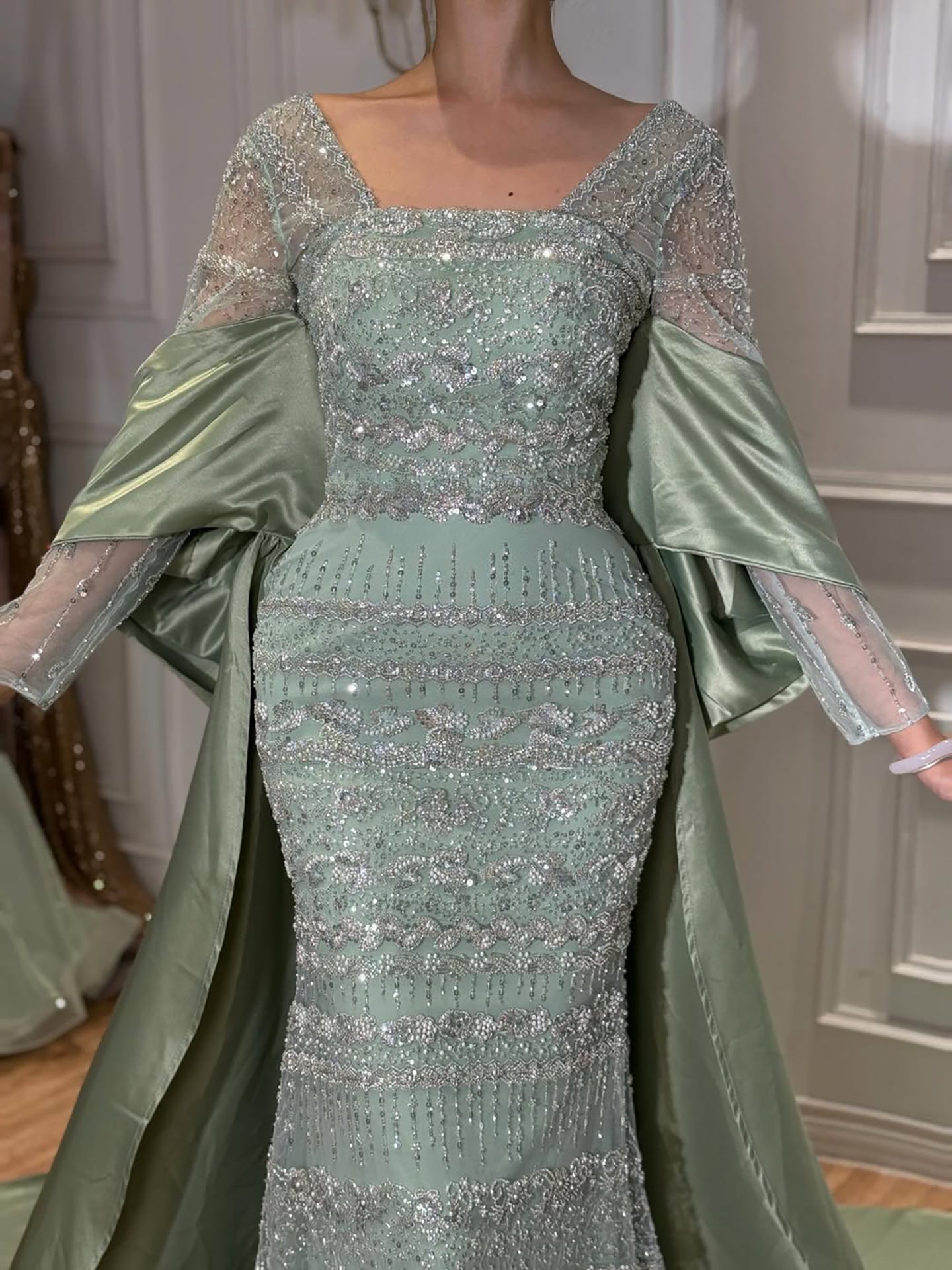Luxury Sage Green Beaded Mermaid Evening Dress with Train LA72126C