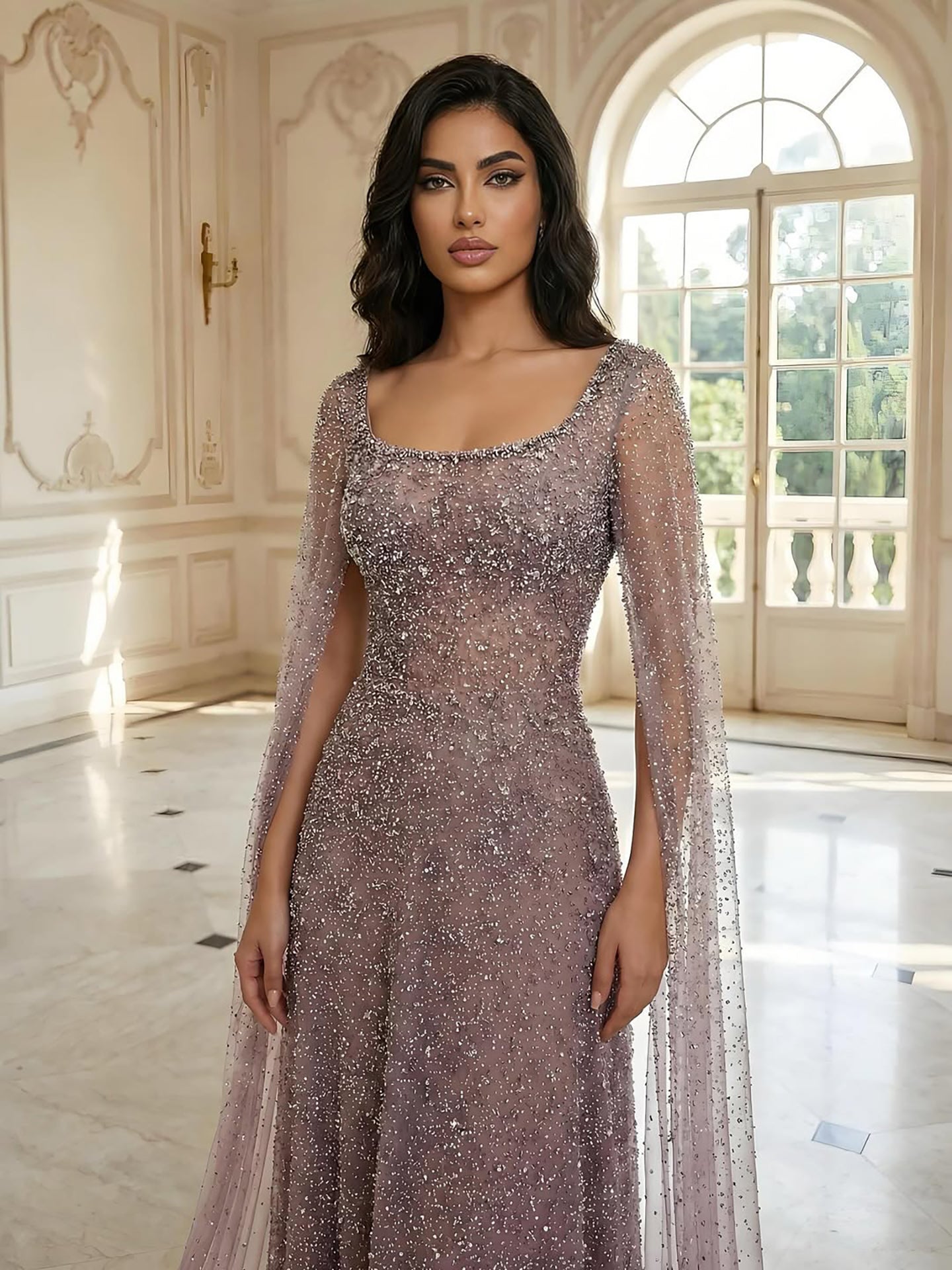 Luxury Rose Gold Beaded Evening Dress with Cape LA72147C Plus Size