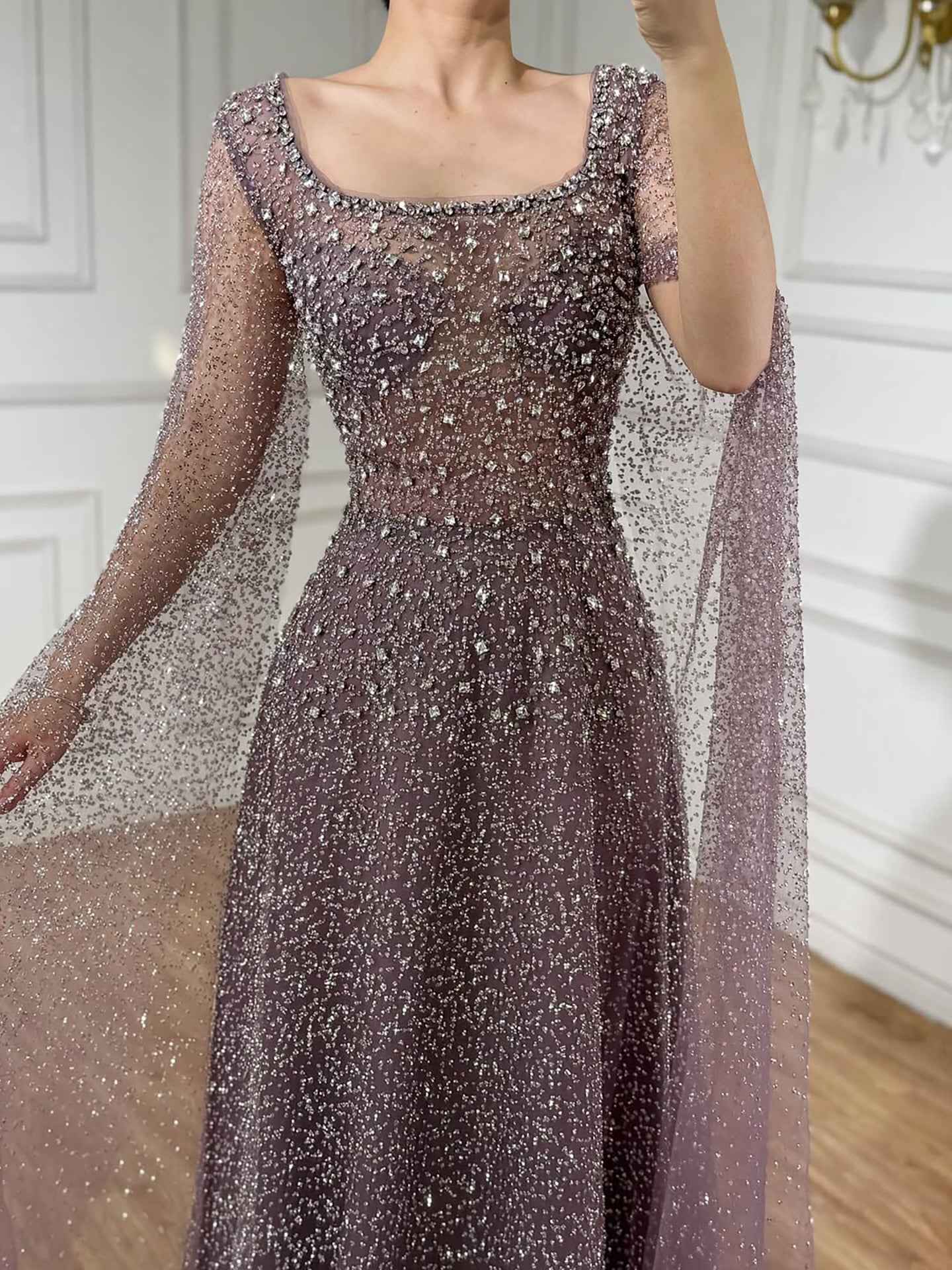 Luxury Rose Gold Beaded Evening Dress with Cape LA72147C Plus Size