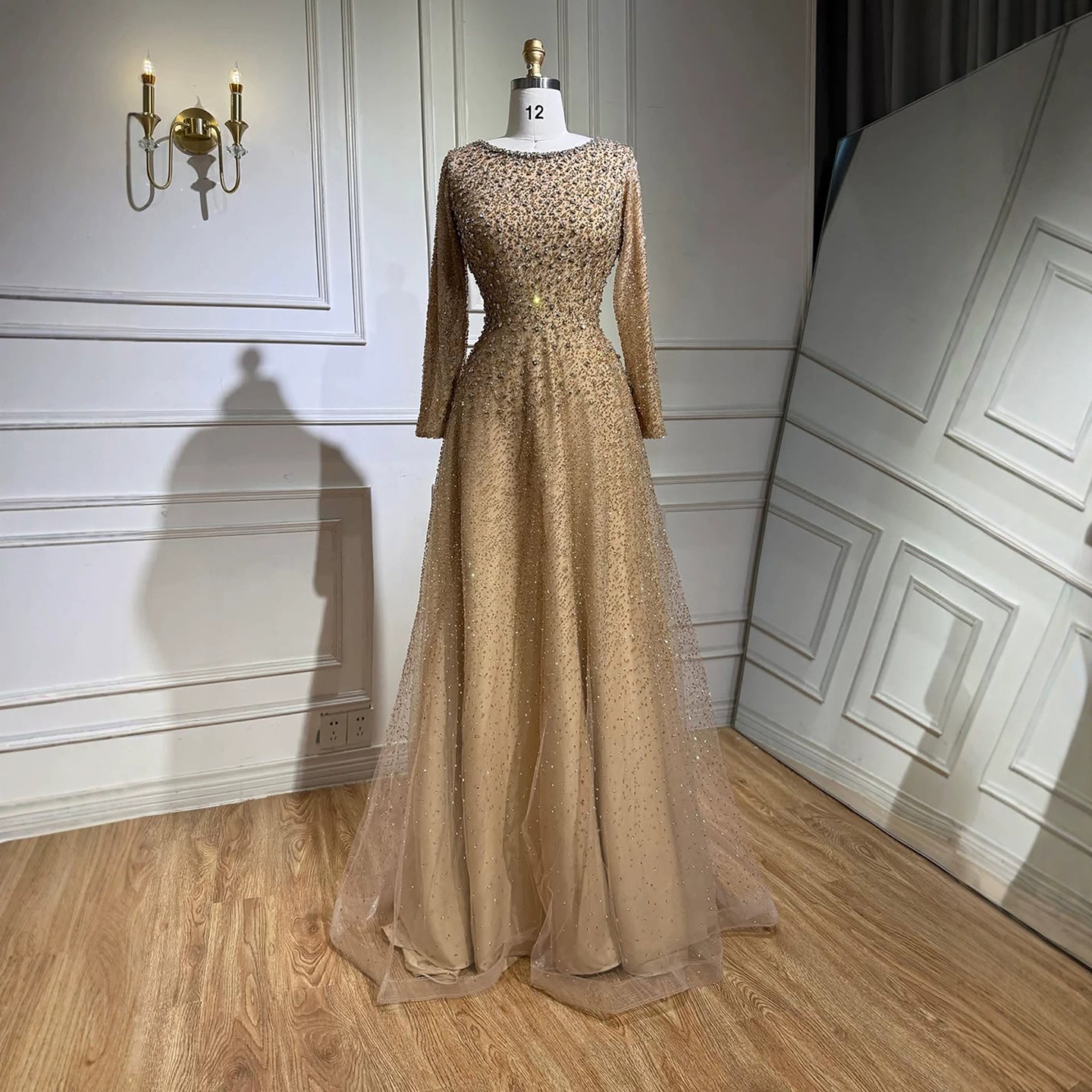 caramel formal dress Luxury Beaded Long Sleeve A-Line Evening LA72147D Caramel / 20W floral beaded gown