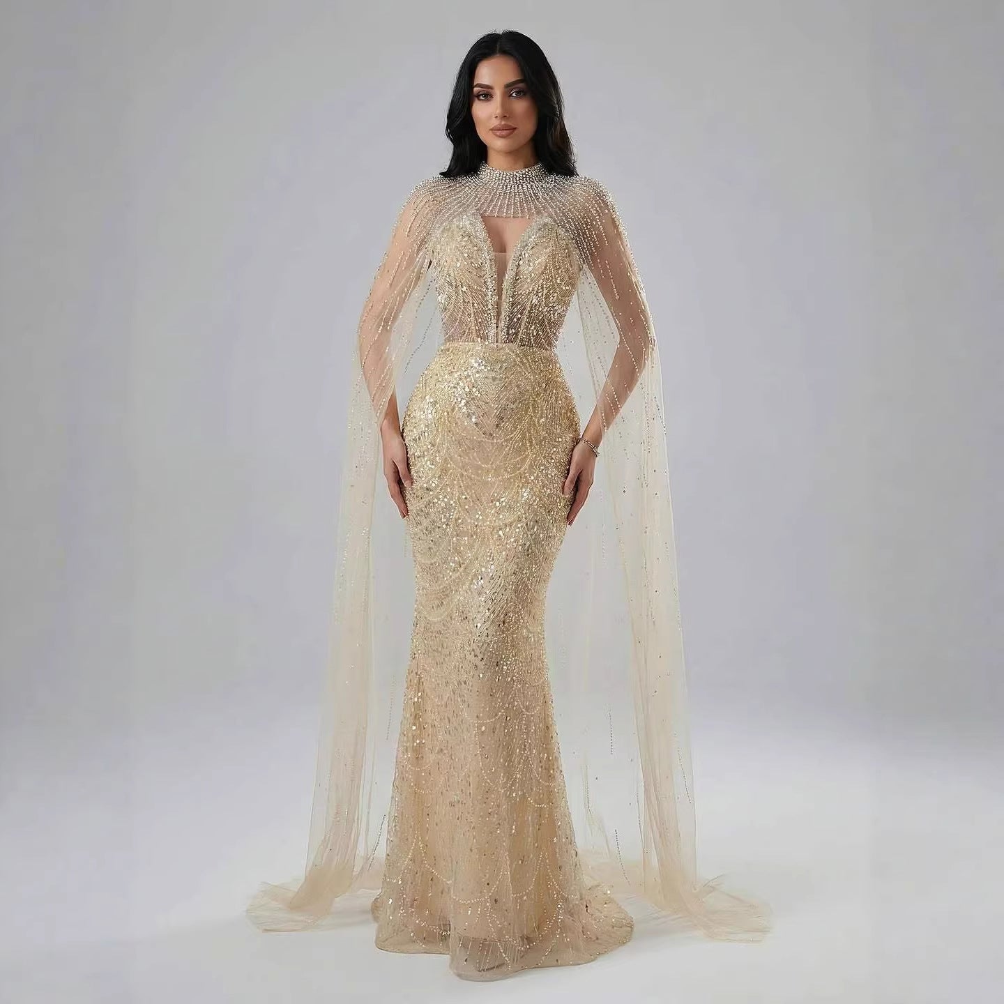 Luxury Evening Dress Nude Pearls Beaded Gown With Tulle Train LA72189A - SERENE HILL