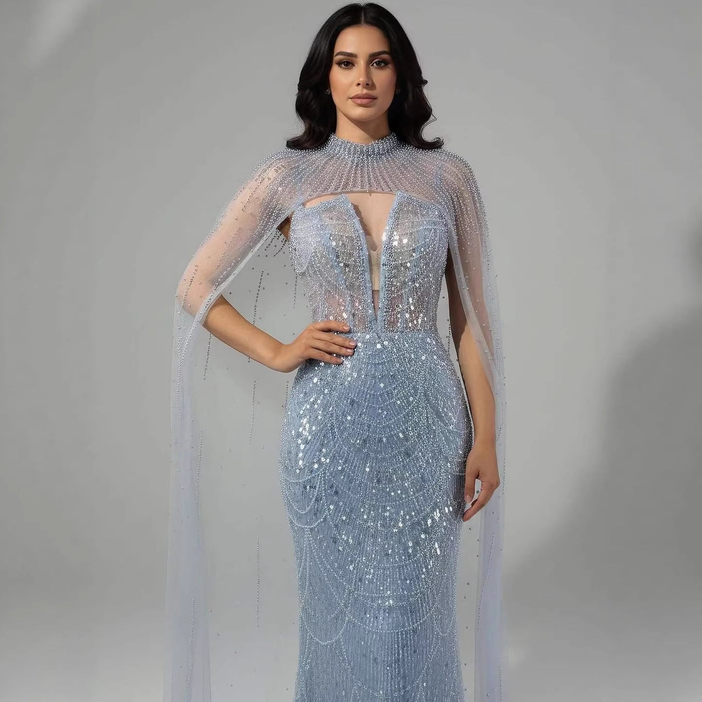 Luxury Evening Dress Nude Pearls Beaded Gown With Tulle Train LA72189A - SERENE HILL