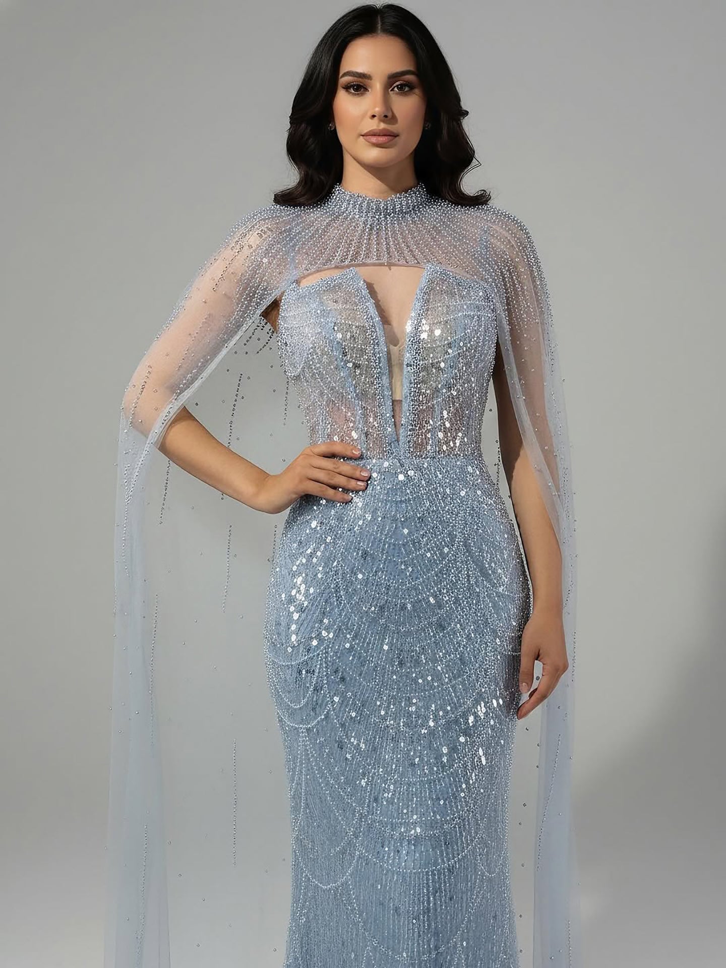 Luxury Evening Dress Nude Pearls Beaded Gown With Tulle Train LA72189A - SERENE HILL