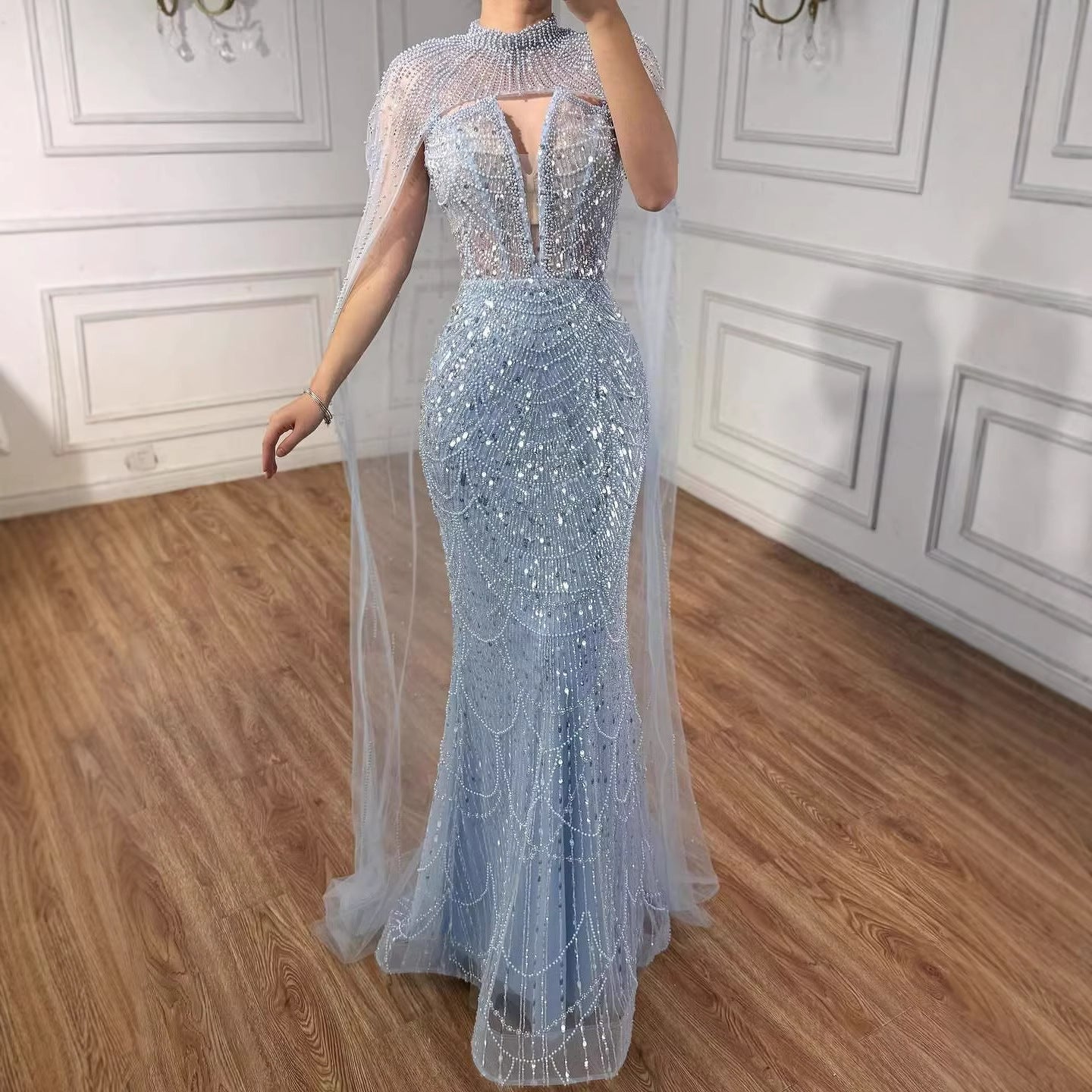Luxury Evening Dress Nude Pearls Beaded Gown With Tulle Train LA72189A - SERENE HILL