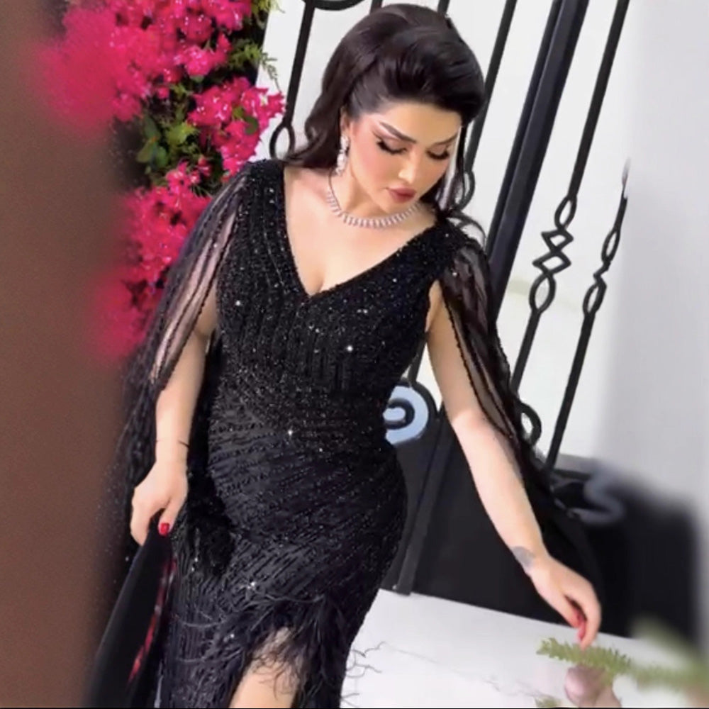 Luxury Black High Split Beaded Feathers Evening Dress with Cape Sleeves LA72216