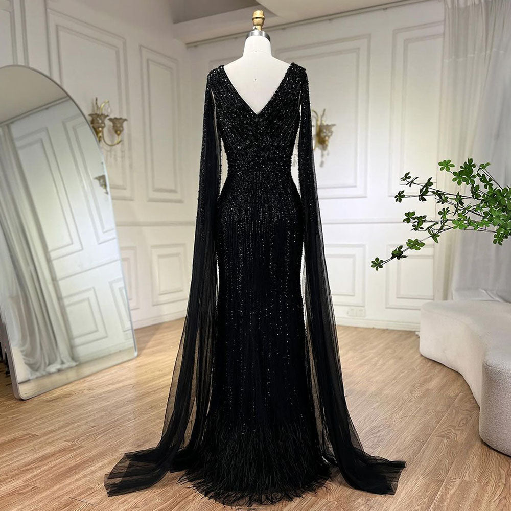 Luxury Black High Split Beaded Feathers Evening Dress with Cape Sleeves LA72216