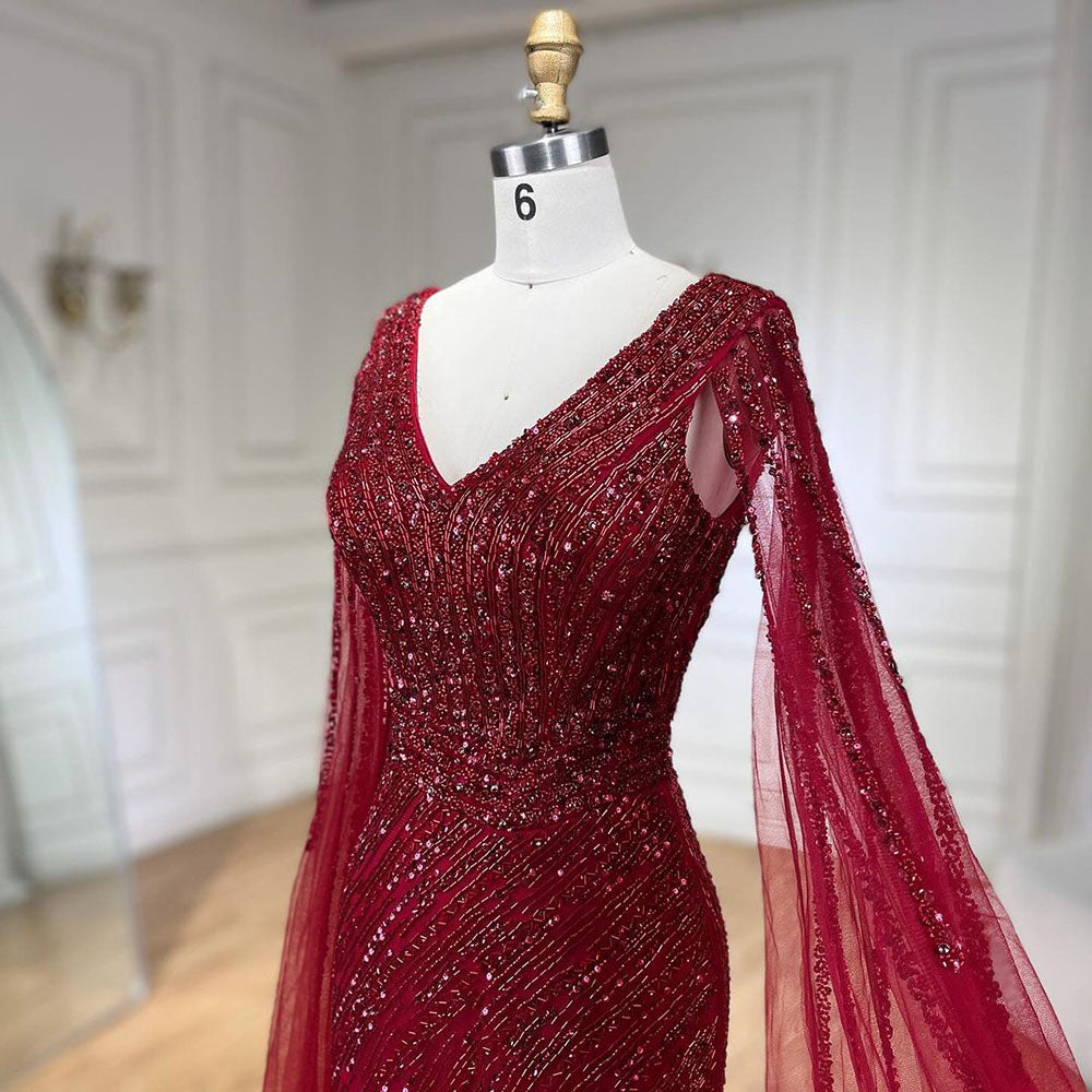 Luxury Black High Split Beaded Feathers Evening Dress with Cape Sleeves LA72216