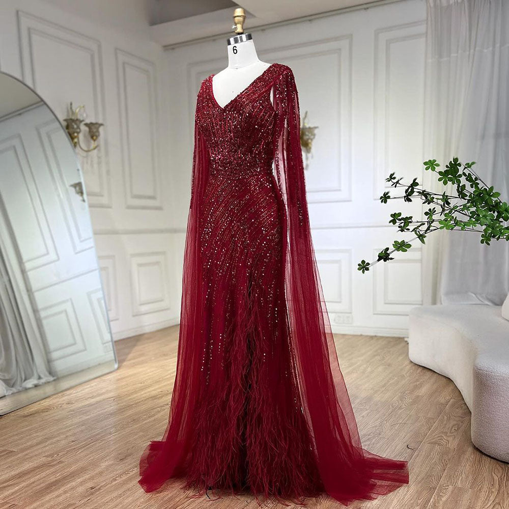 Luxury Black High Split Beaded Feathers Evening Dress with Cape Sleeves LA72216