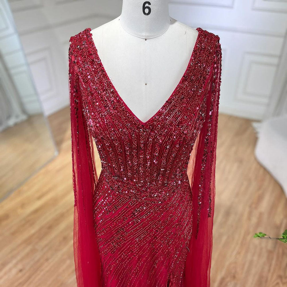 Luxury Black High Split Beaded Feathers Evening Dress with Cape Sleeves LA72216