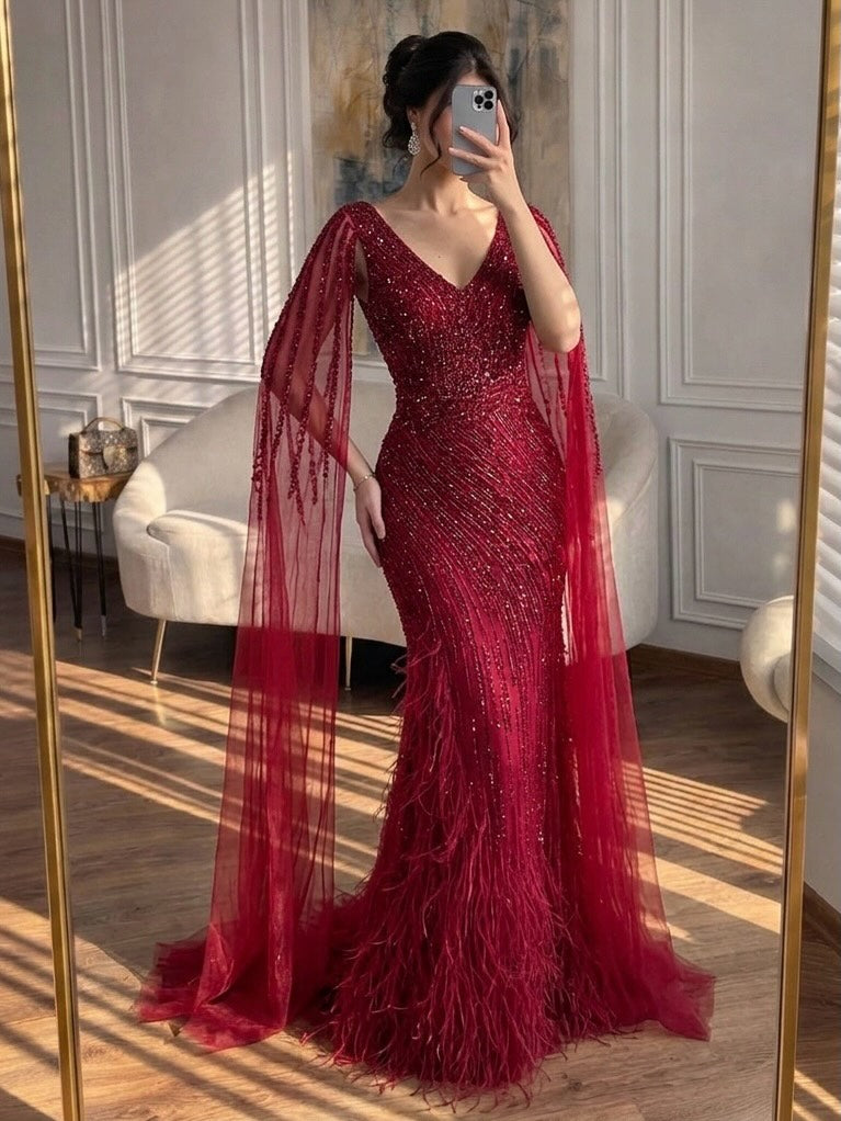 Luxury Black High Split Beaded Feathers Evening Dress with Cape Sleeves LA72216