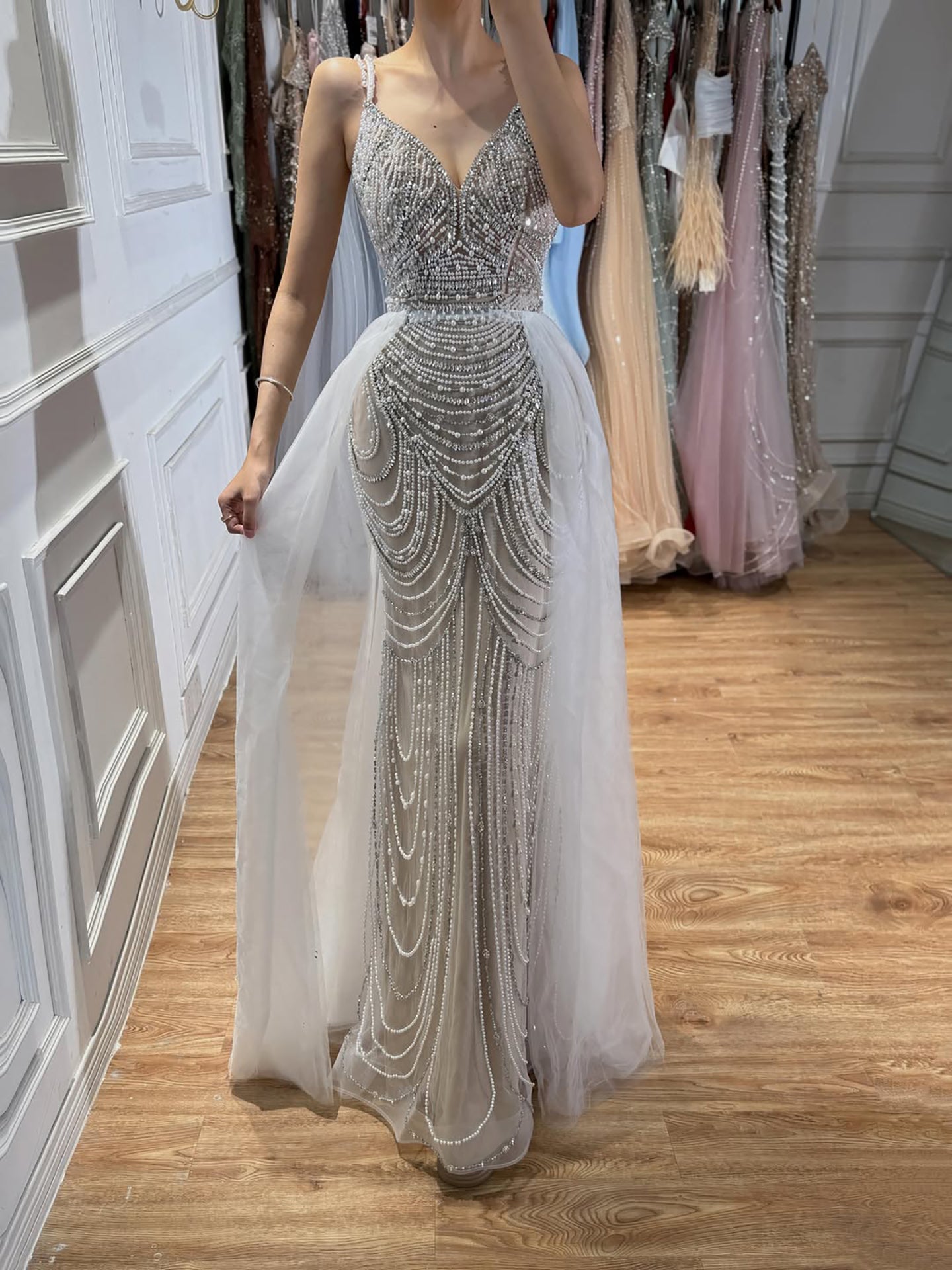 Nude Beaded Arabic Evening Gown with Spaghetti Straps LA72253A SERENE HILL