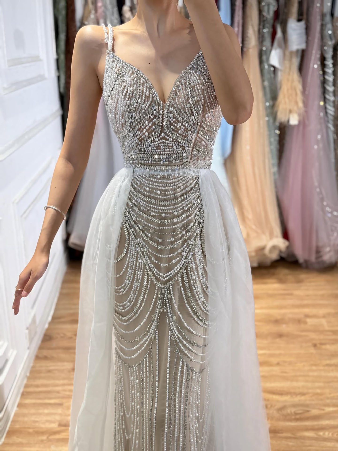 Nude Beaded Arabic Evening Gown with Spaghetti Straps LA72253A SERENE HILL
