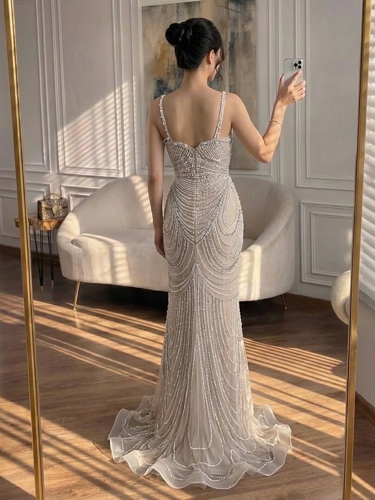 Nude Beaded Arabic Evening Gown with Spaghetti Straps LA72253A SERENE HILL