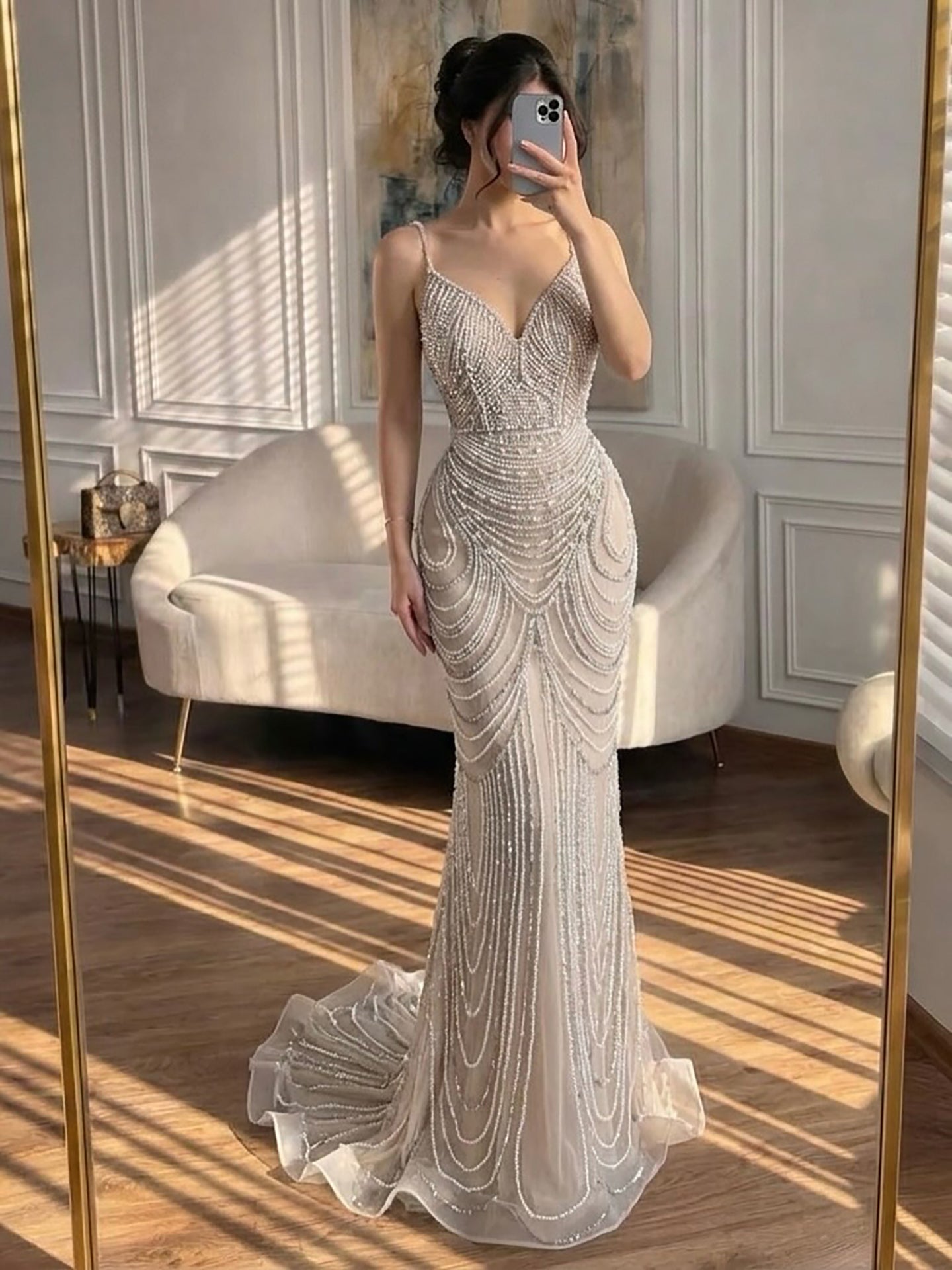Nude Beaded Arabic Evening Gown with Spaghetti Straps LA72253A SERENE HILL