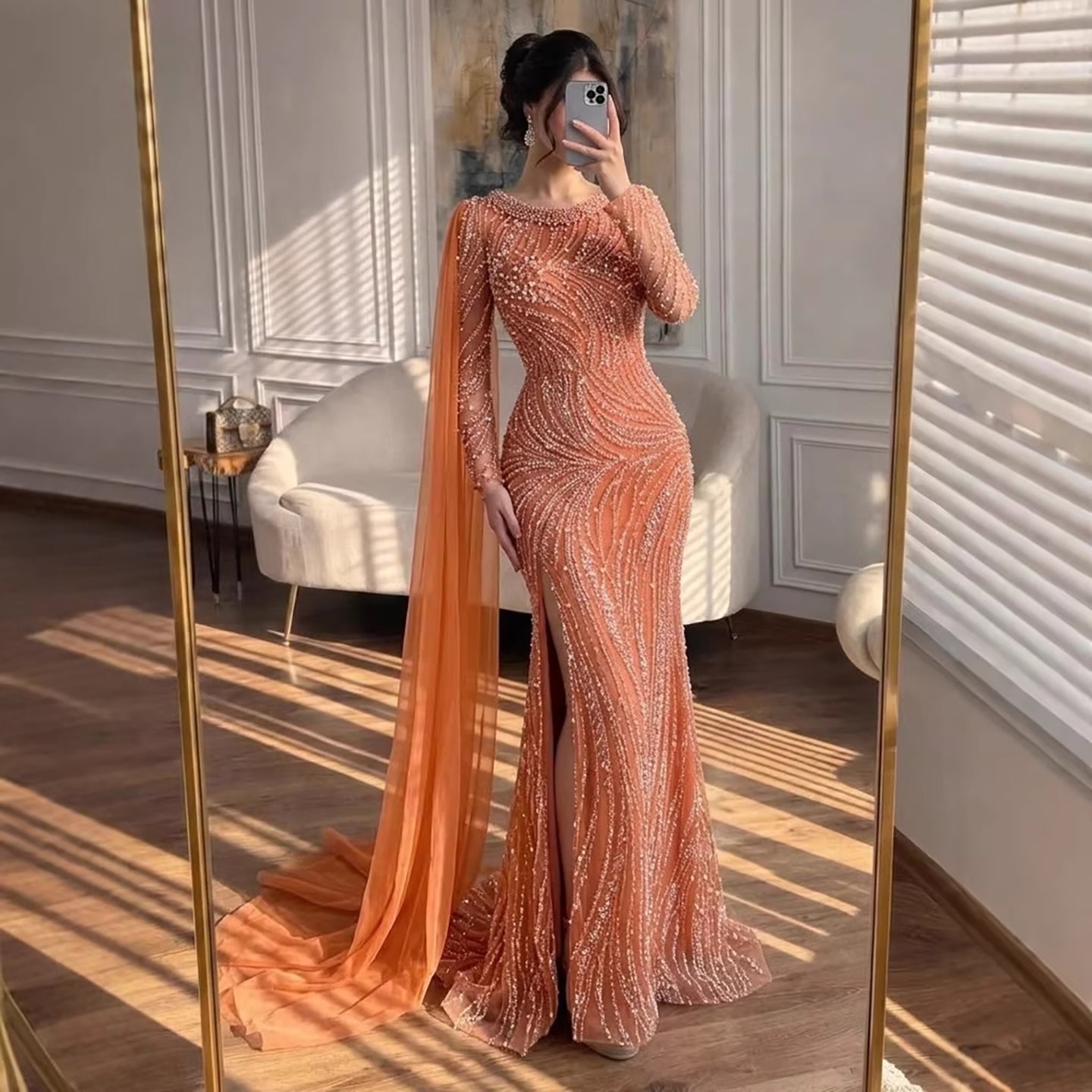 mermaid pearl sequin dress uxury Orange Beaded Pearl Mermaid Evening Dress With Cloak Split LA72268A