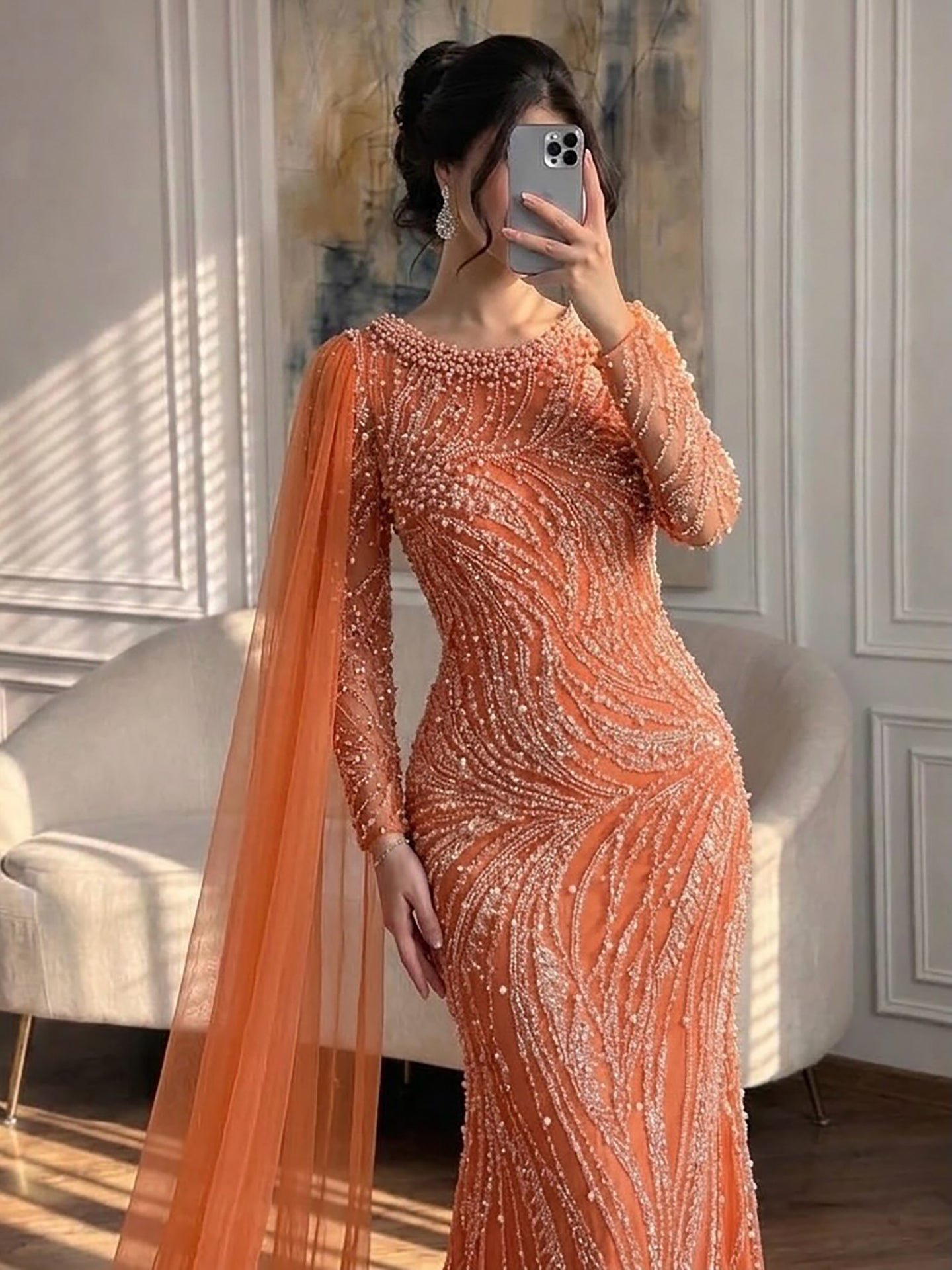 uxury Orange Beaded Pearl Mermaid Evening Dress With Cloak Split LA72268A