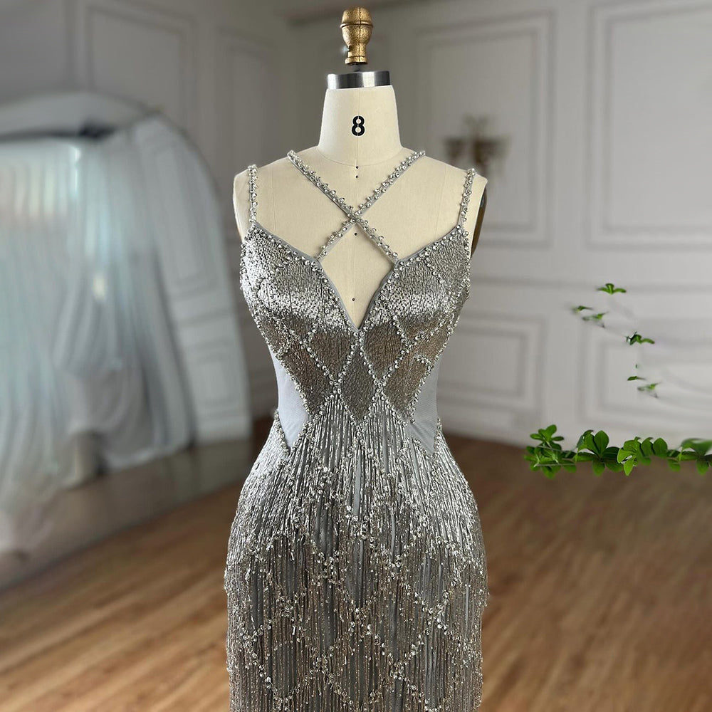 Luxury Gold Luxury Beaded Tassel Spaghetti Strap Mermaid Dress LA72280