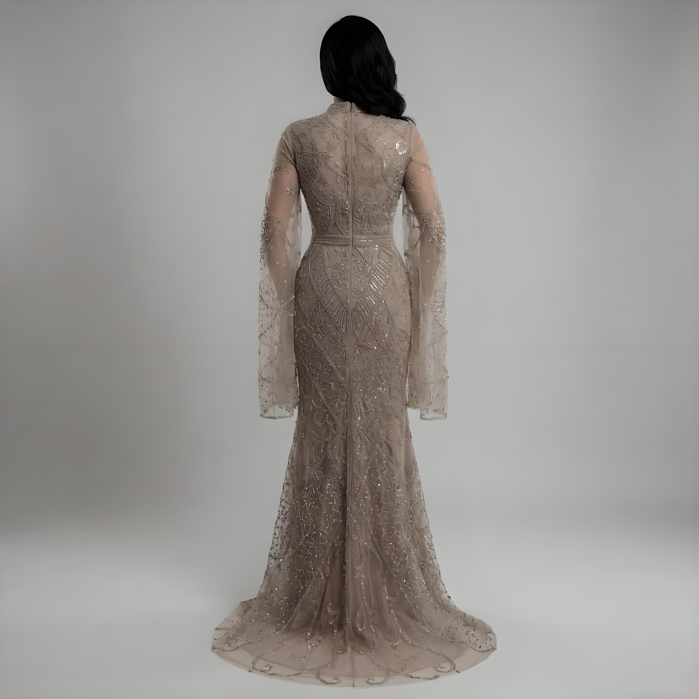 Luxury Dubai Muslim Black Mermaid Elegant Bell Sleeve Beaded Luxury Dubai Long Evening Dress for Formal Occasion LA72316A - SERENE HILL