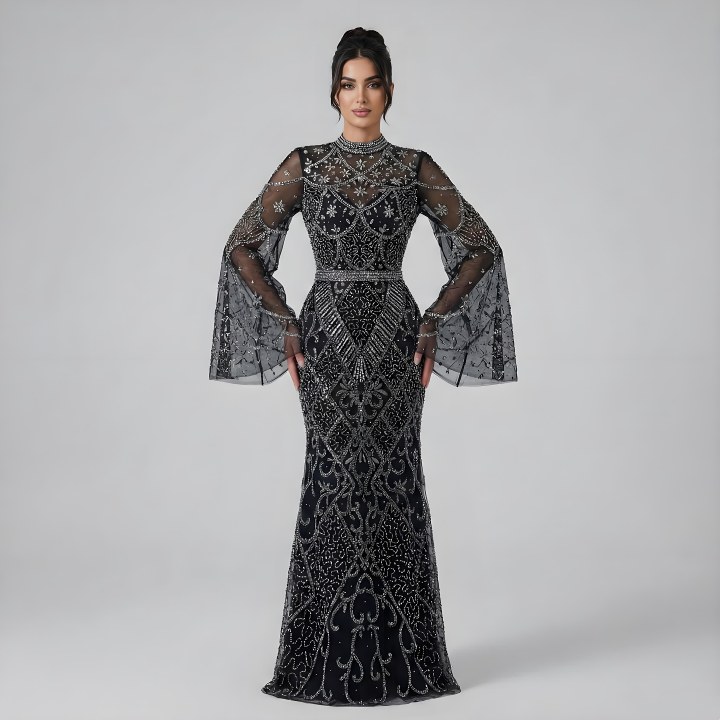 Luxury Dubai Muslim Black Mermaid Elegant Bell Sleeve Beaded Luxury Dubai Long Evening Dress for Formal Occasion LA72316A - SERENE HILL