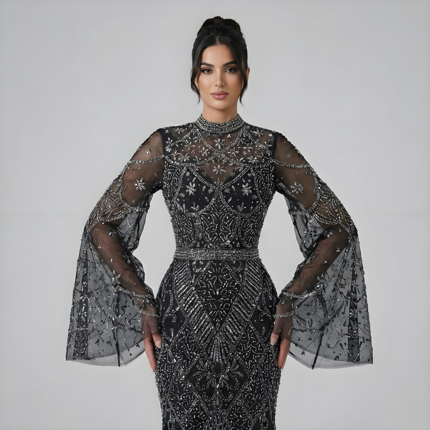 Luxury Dubai Muslim Black Mermaid Elegant Bell Sleeve Beaded Luxury Dubai Long Evening Dress for Formal Occasion LA72316A - SERENE HILL